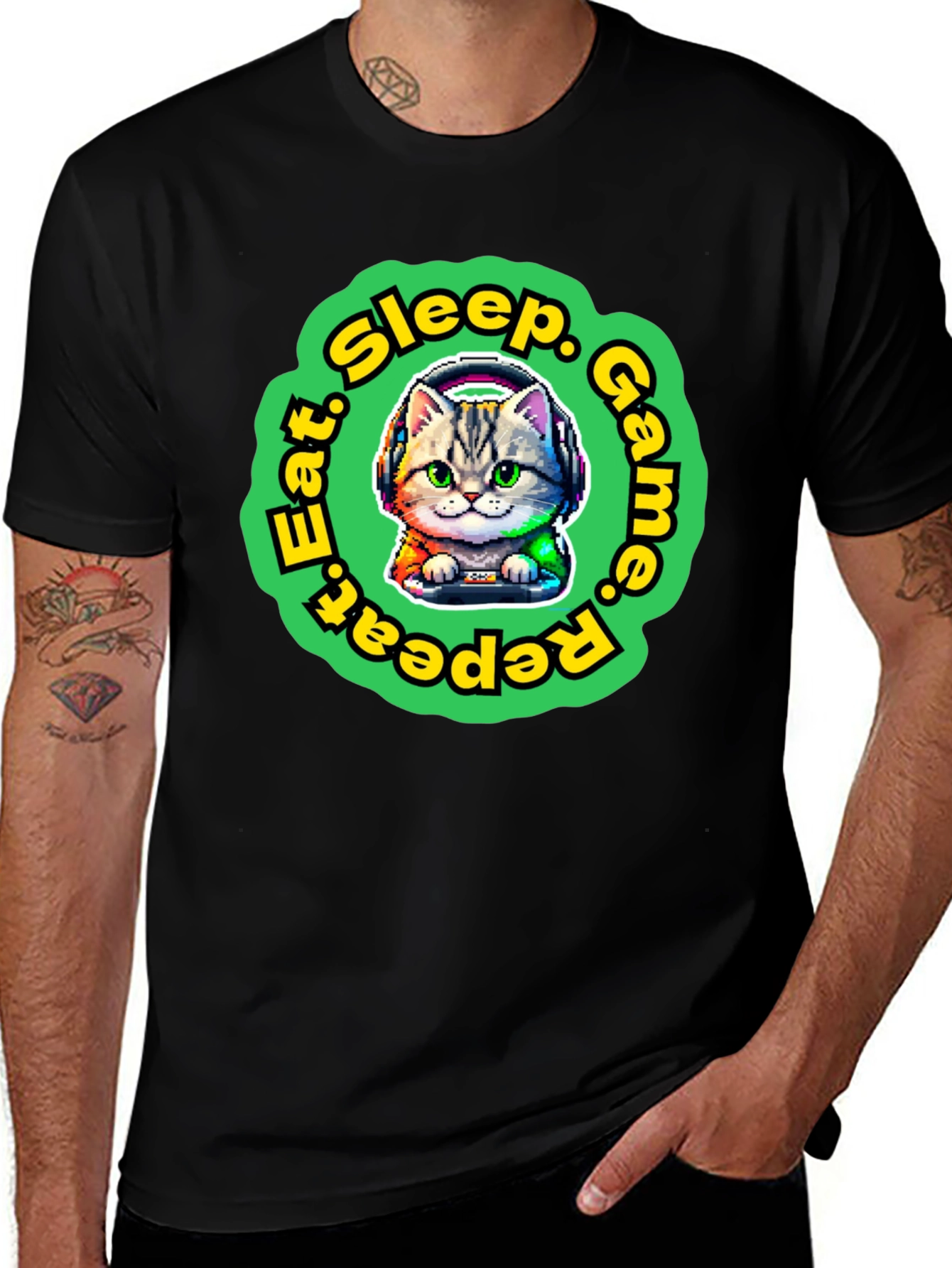 Variant 13 of Gamer Cat T-Shirt - Eat Sleep Game Repeat!