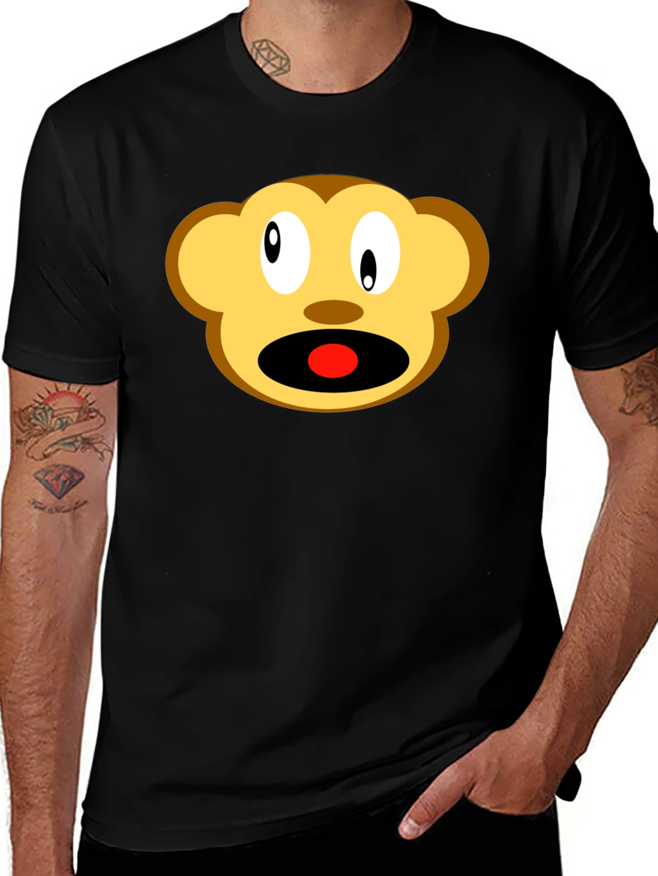 Cartoon Monkey Face Black T-Shirt