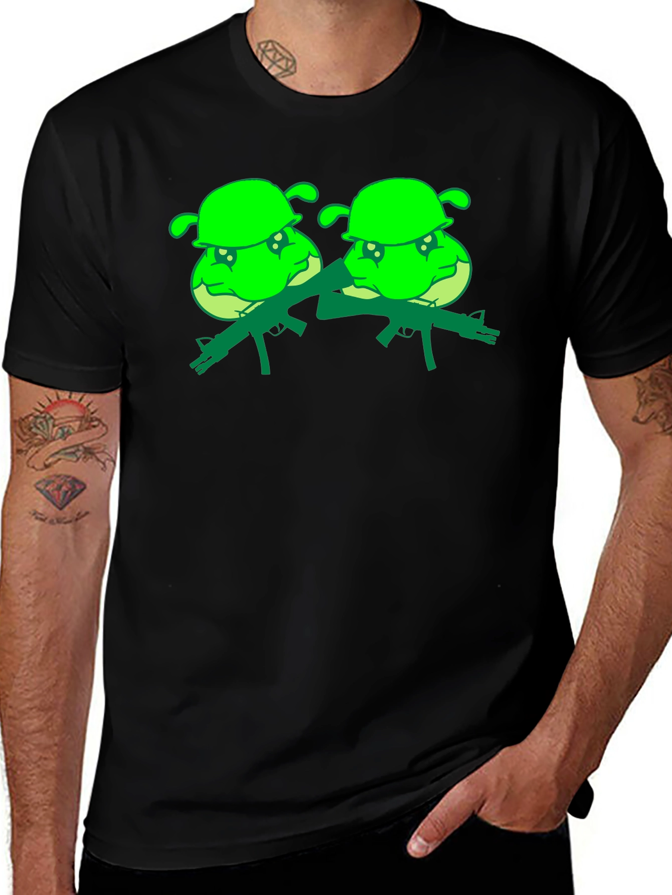 Variant 2 of Black T-Shirt with Cartoon Shrek Army Design