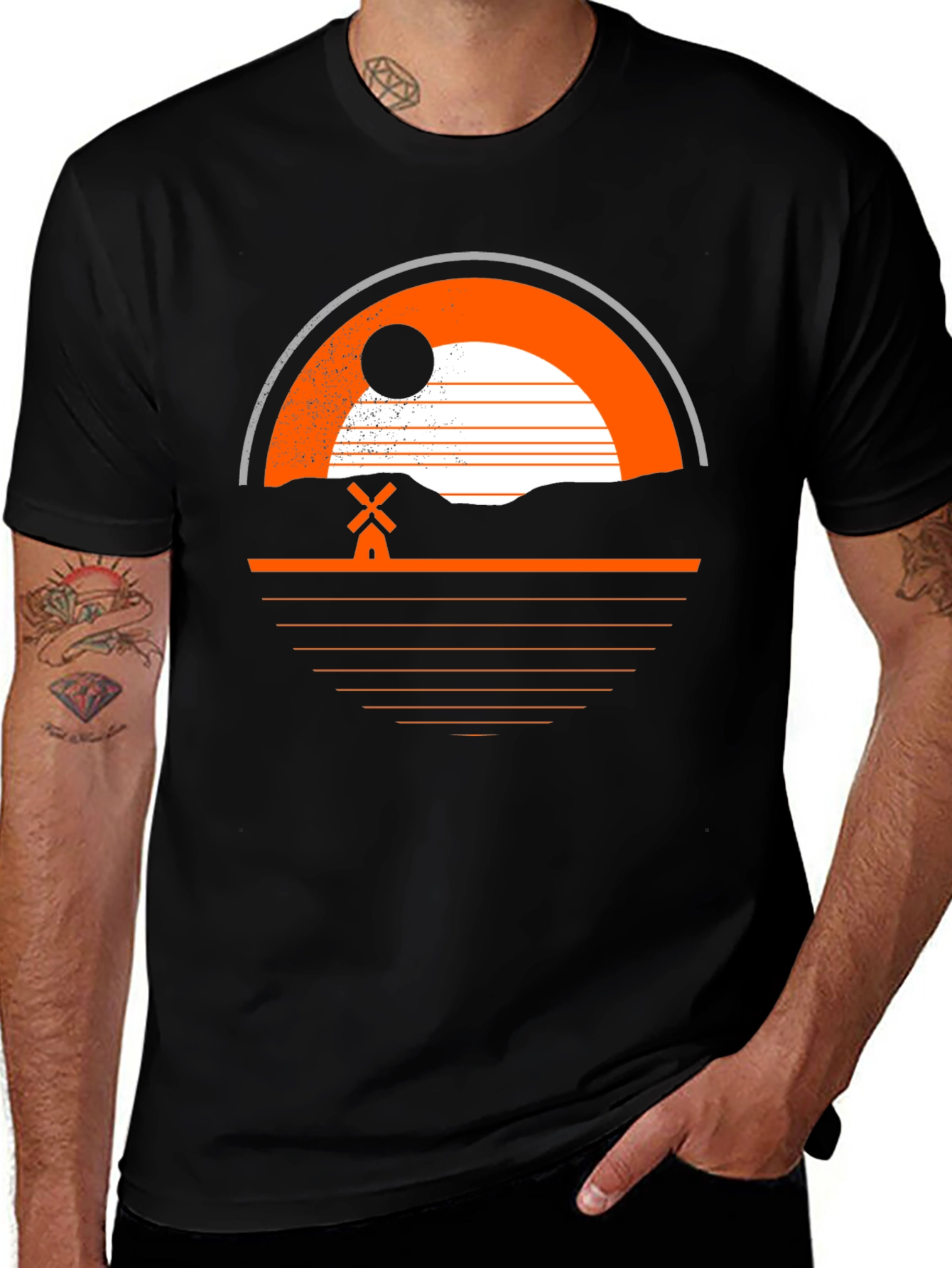 Variant 11 of Retro Sunset Windmill Graphic Tee - Black