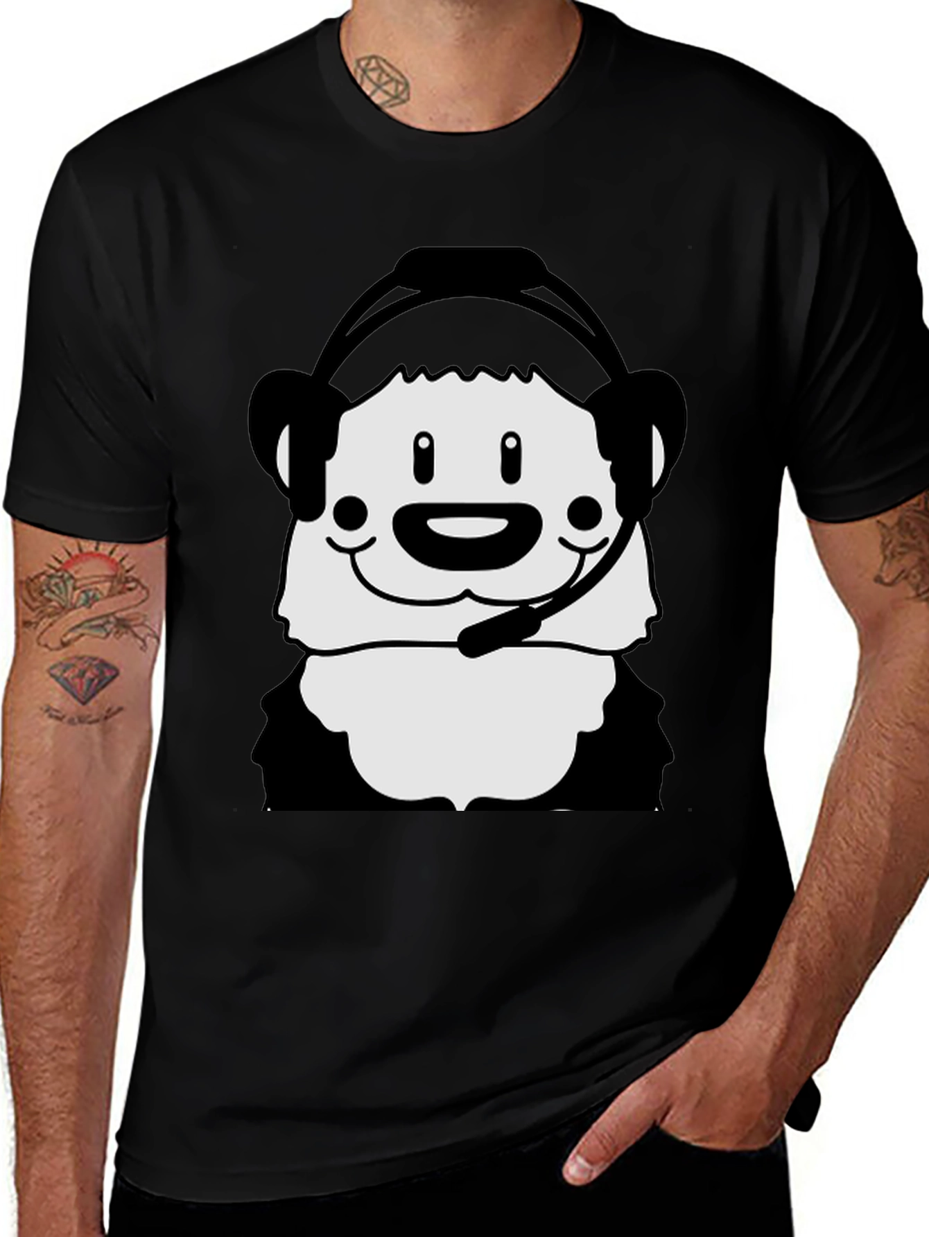 Variant 2 of Cartoon Panda with Headset Black T-Shirt