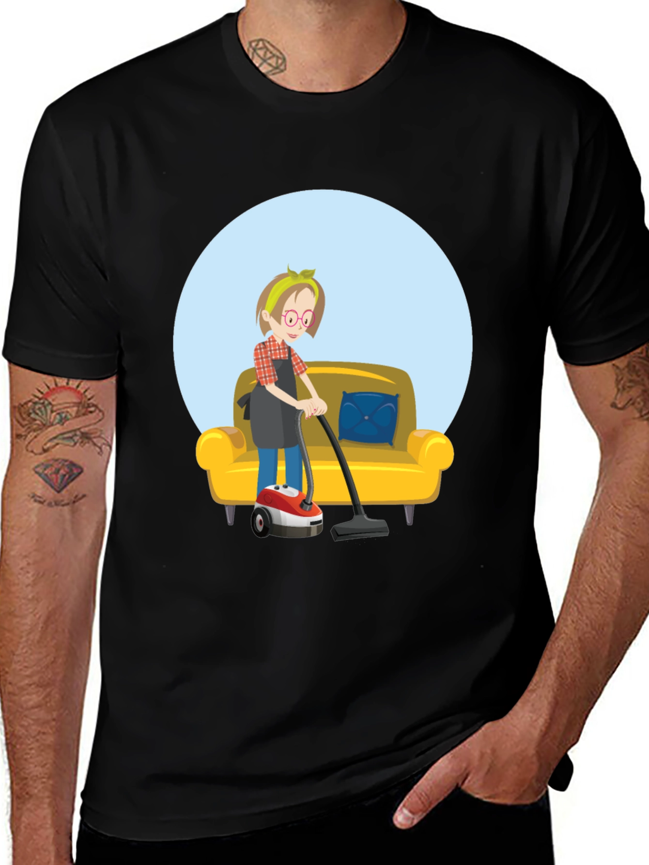 Variant 24 of Funny Cartoon Cleaning Lady Black T-Shirt