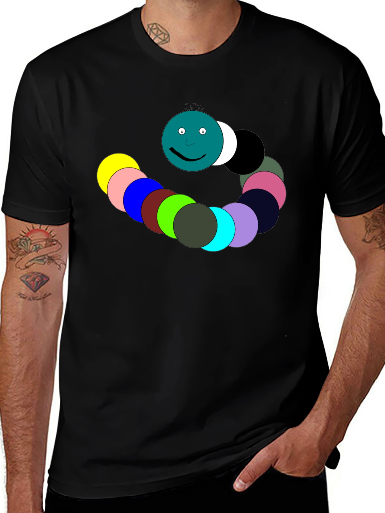 Colorful Caterpillar Graphic Print Black T-Shirt