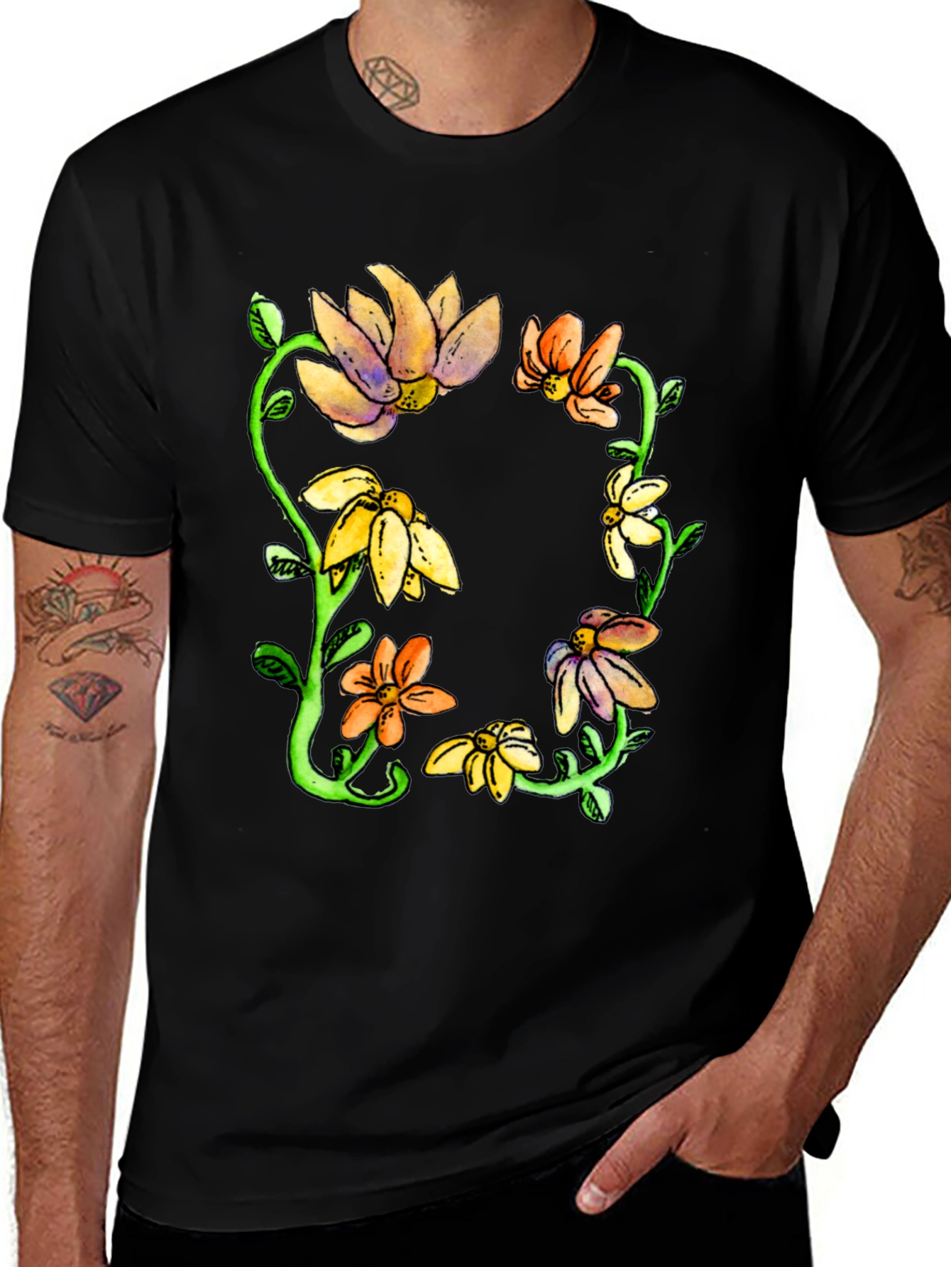 Variant 26 of Floral Watercolor Graphic Tee - Black