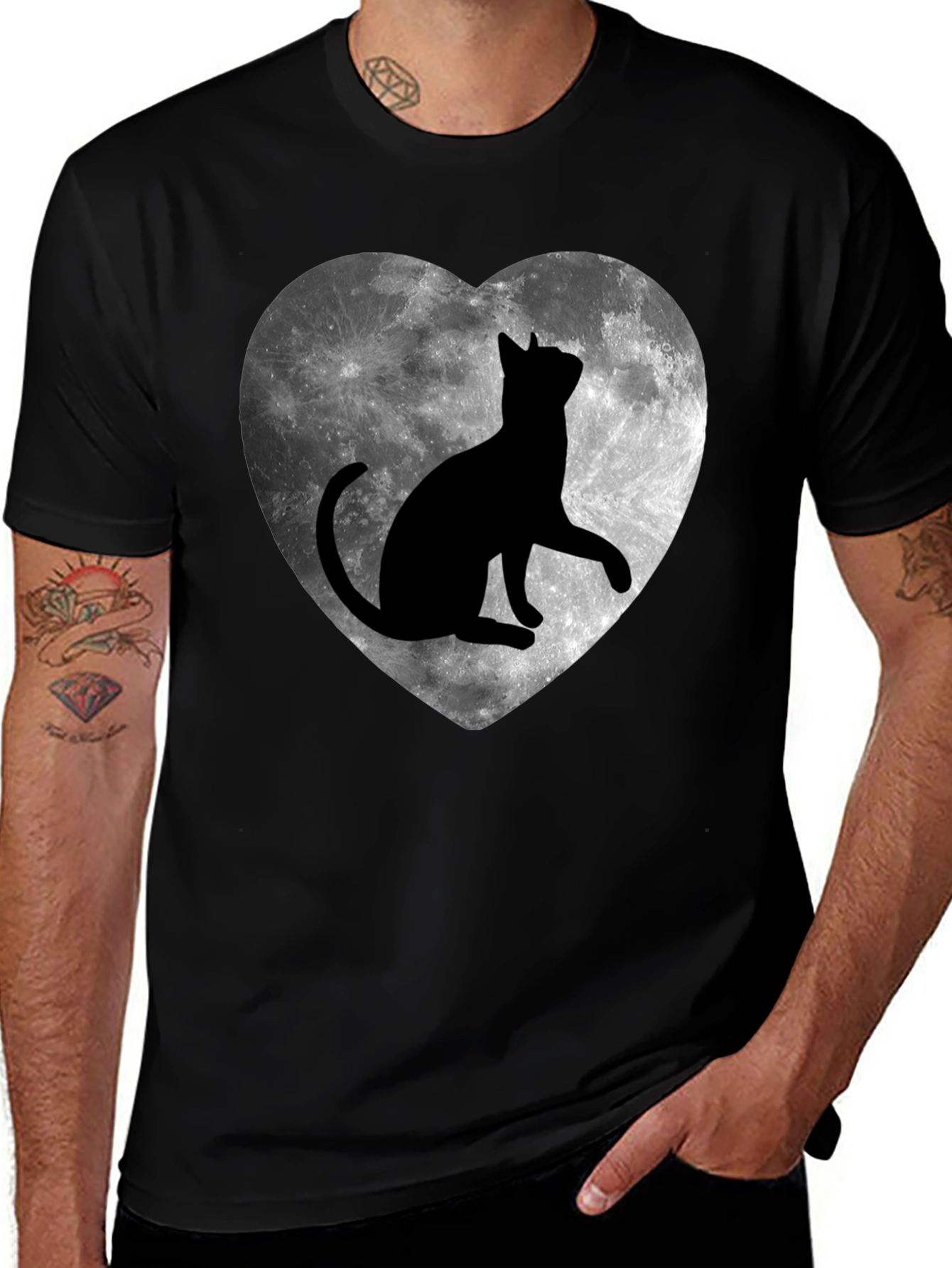 Variant 24 of Moon Cat Heart T-Shirt - Black Graphic Tee