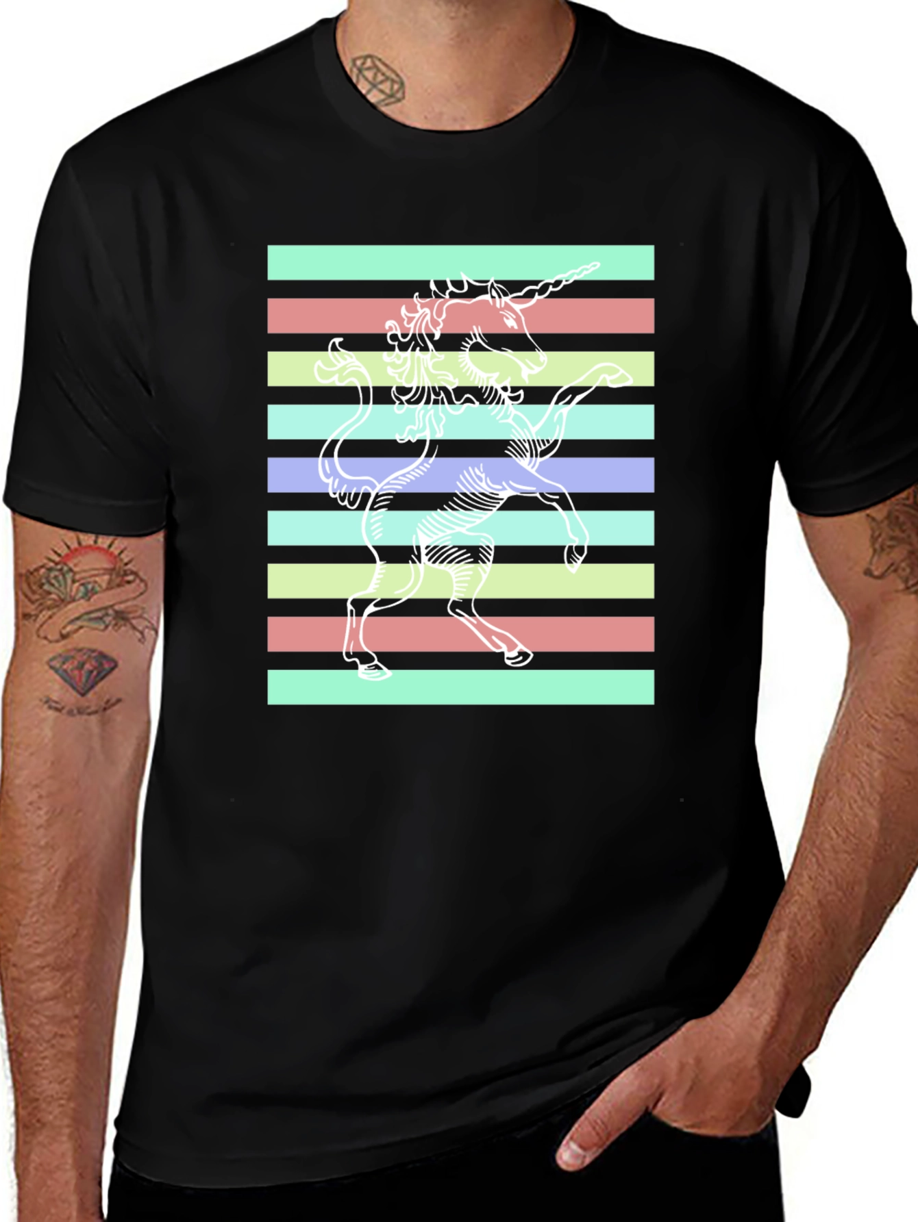 Variant 24 of Unicorn Striped Graphic Tee - Black Cotton Blend