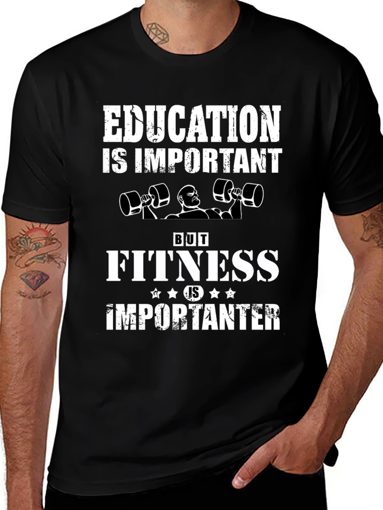 Variant 16 of Education Important, Fitness Importanter Black Graphic Tee