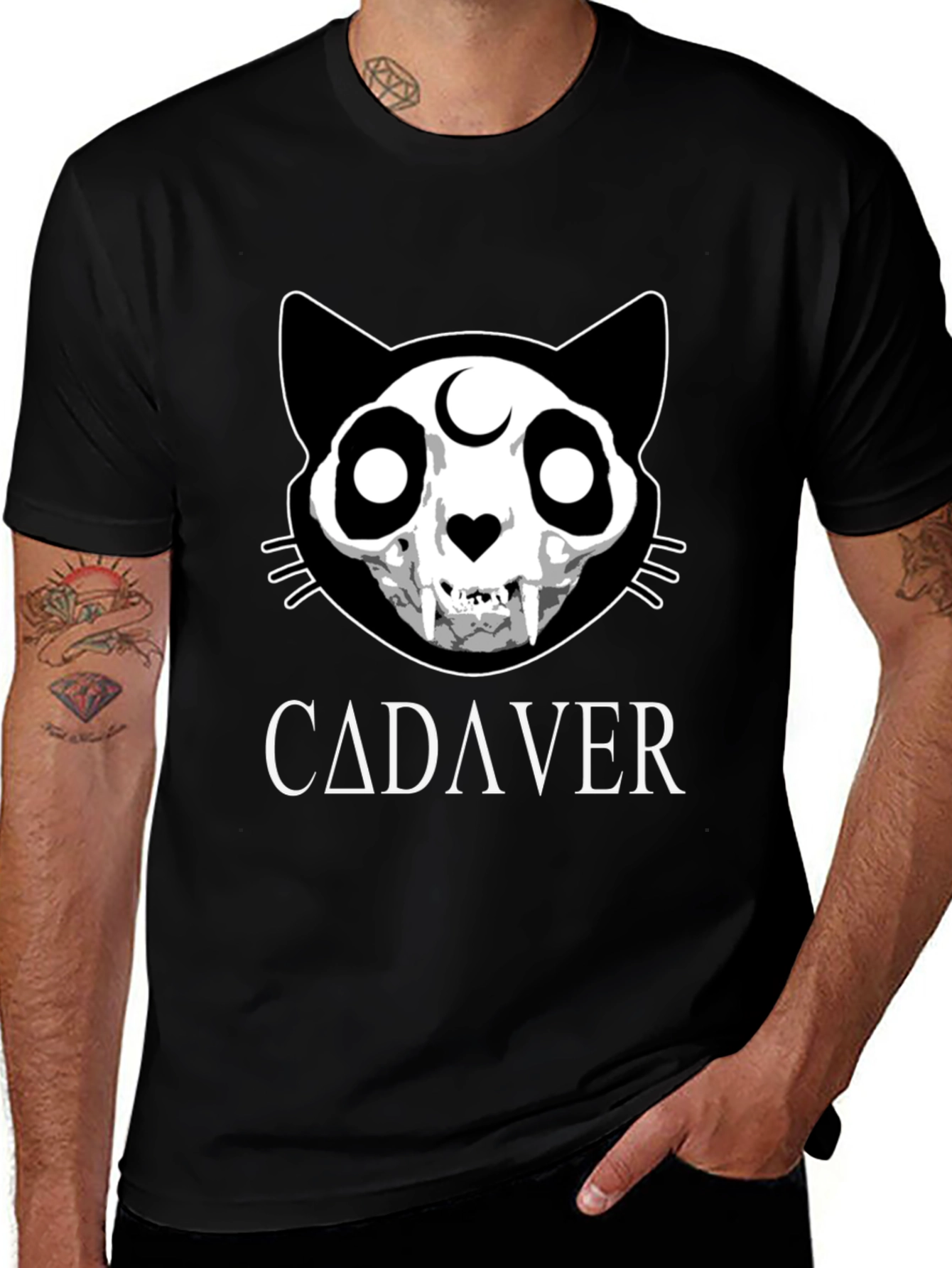 Cadaver Cat Skull Graphic Tee - Black Cotton T-Shirt