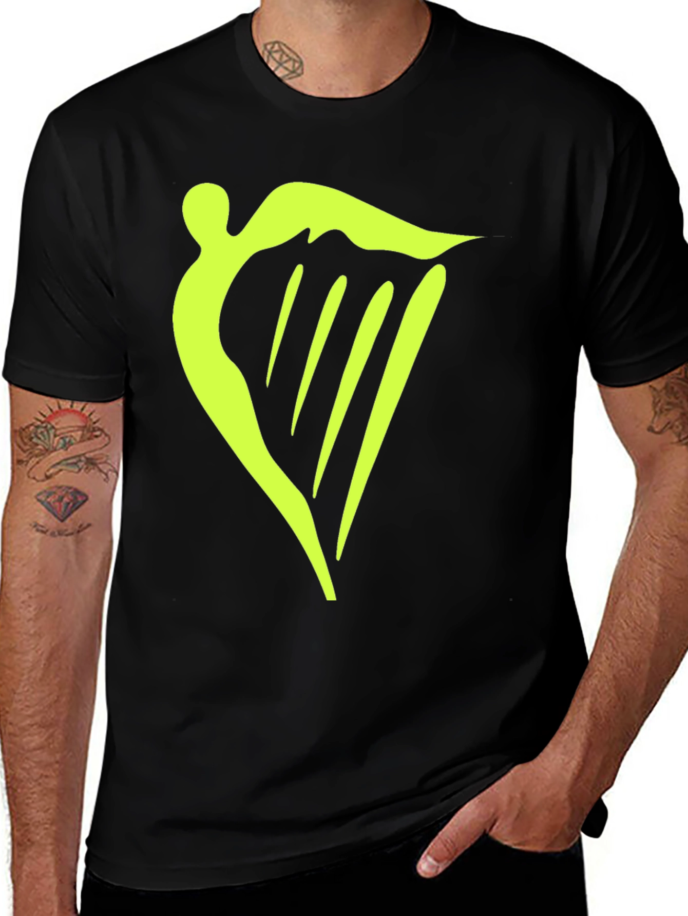 Black T-Shirt with Neon Green Irish Harp Design