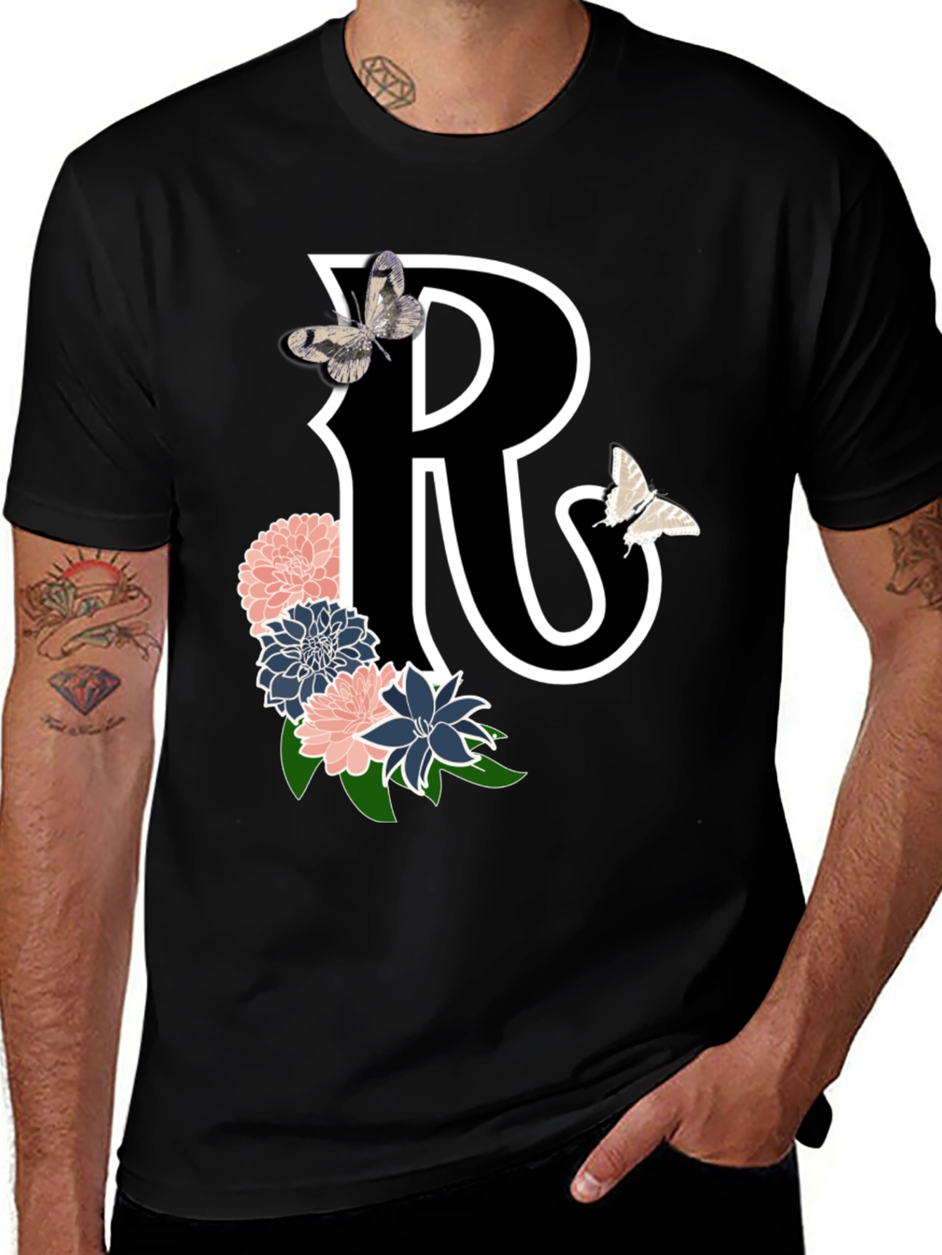 Black Letter R Floral Butterfly Black T-Shirt main image