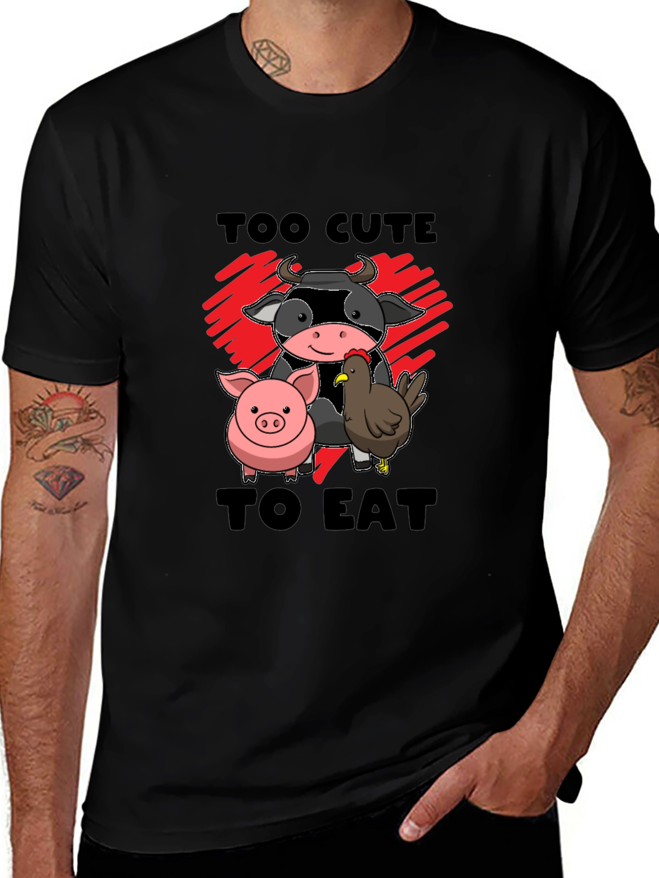 Variant 12 of Too Cute To Eat Vegan Animal Lover Black T-Shirt