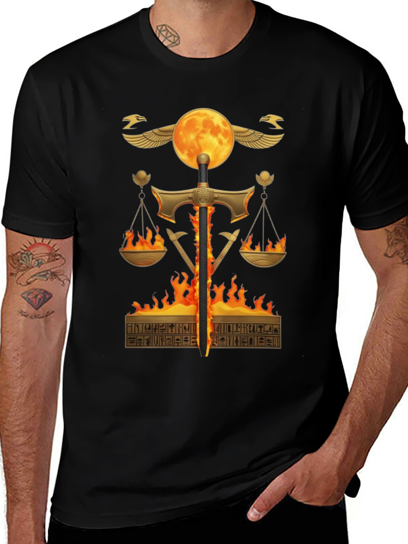 Scales of Justice T-Shirt - Egyptian Fire Sword Design