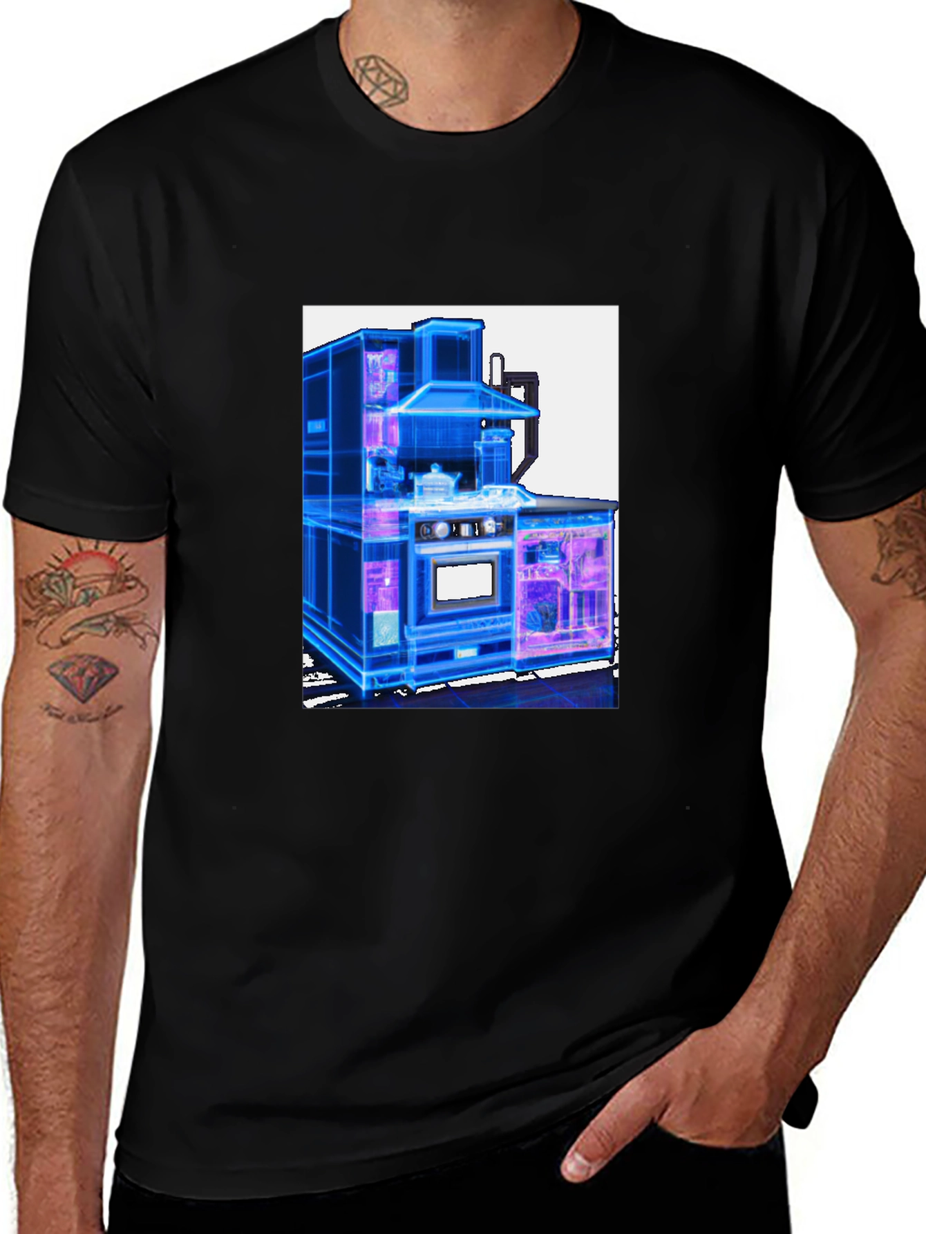 Futuristic Kitchen Graphic Tee - Cool Black T-Shirt