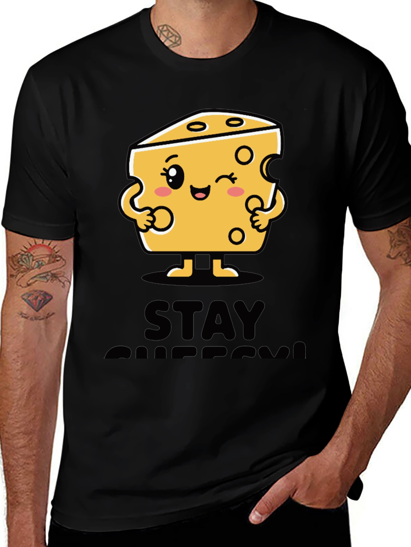 Variant 23 of Stay Cheesy Cartoon Graphic Black T-Shirt