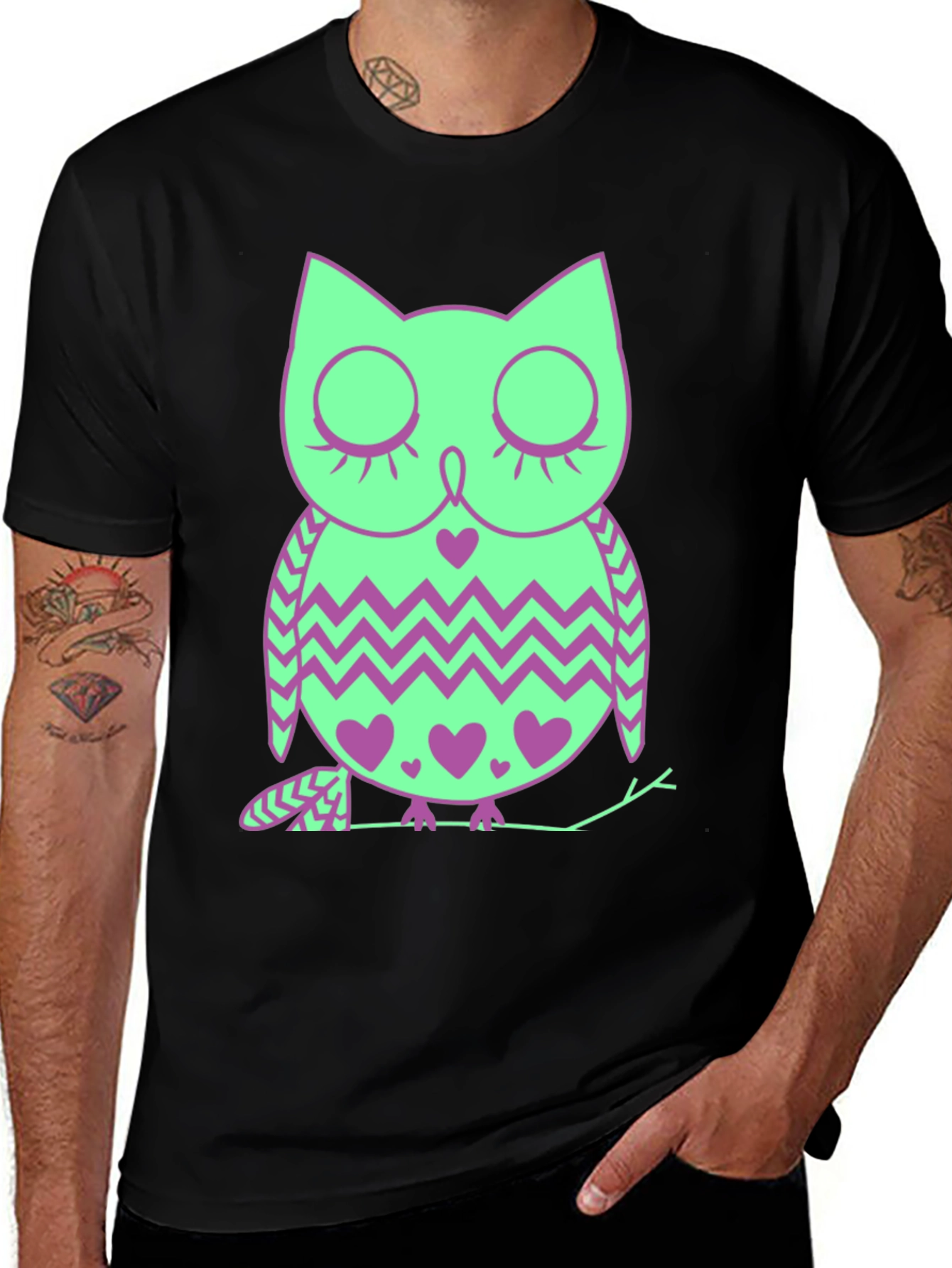 Variant 29 of Owl Heart Print Tee - Men's Black Cotton Blend T-Shirt