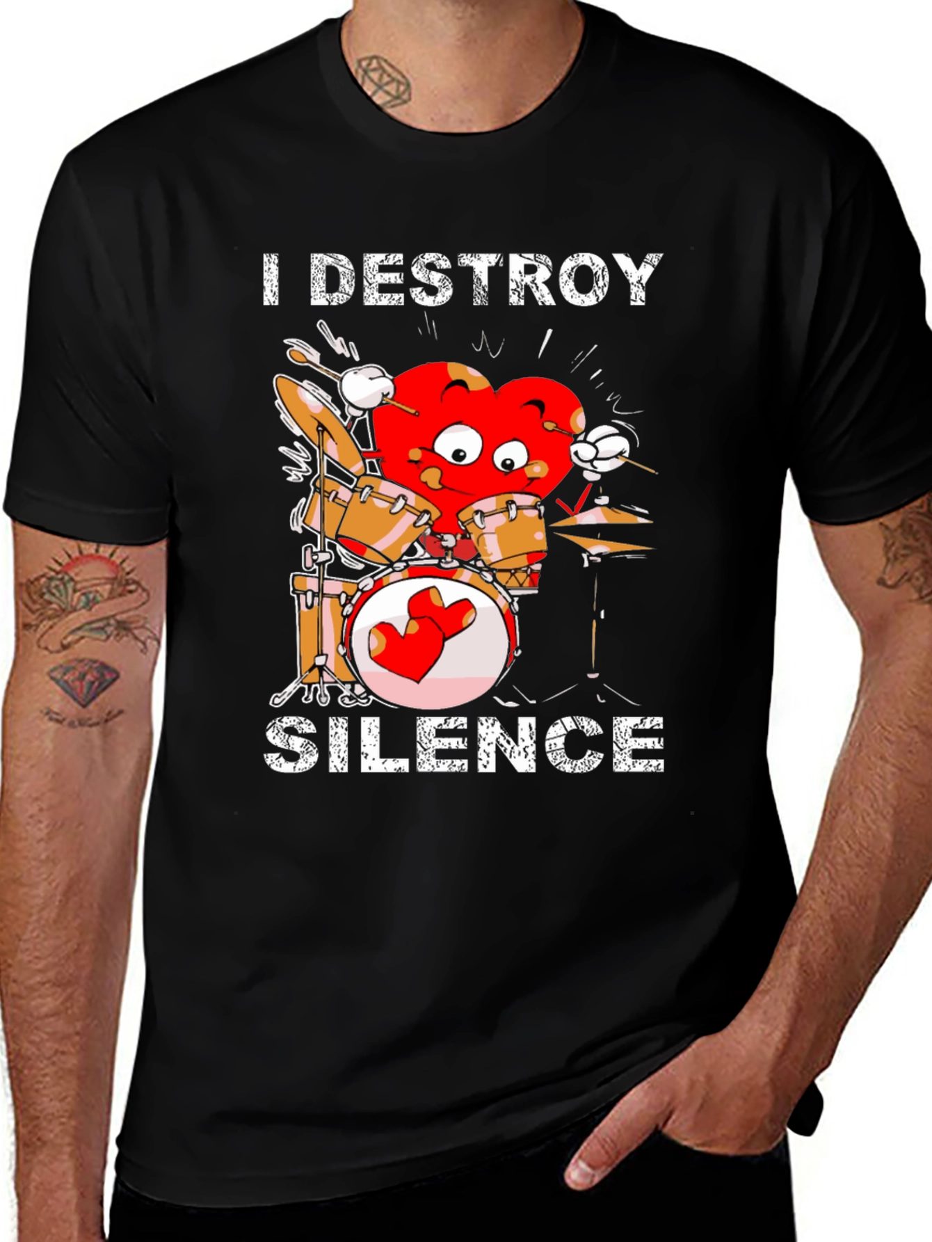 Black I Destroy Silence Drummer Heart T-Shirt main image