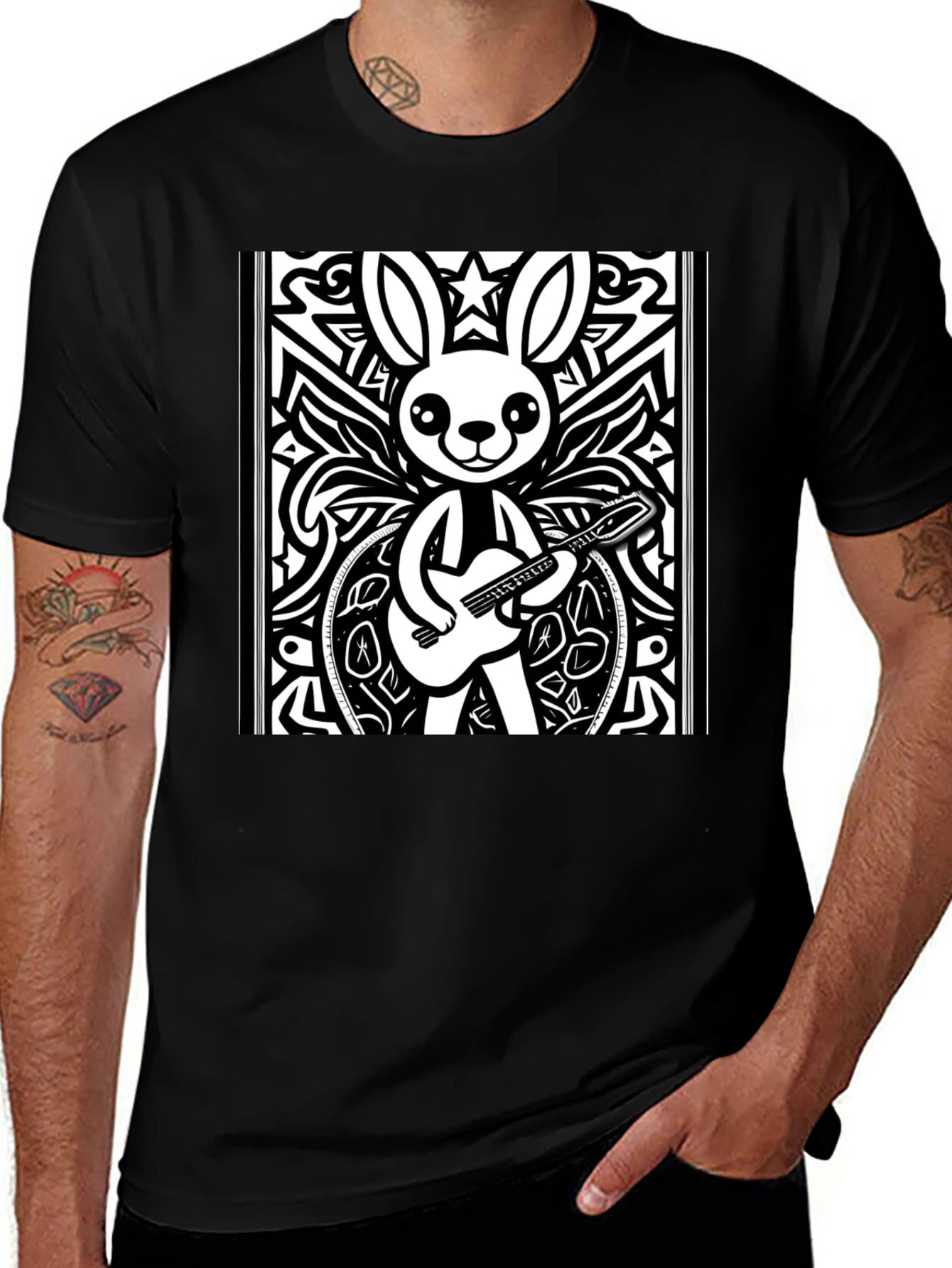 Variant 20 of Cartoon Rabbit Guitarist Black T-Shirt