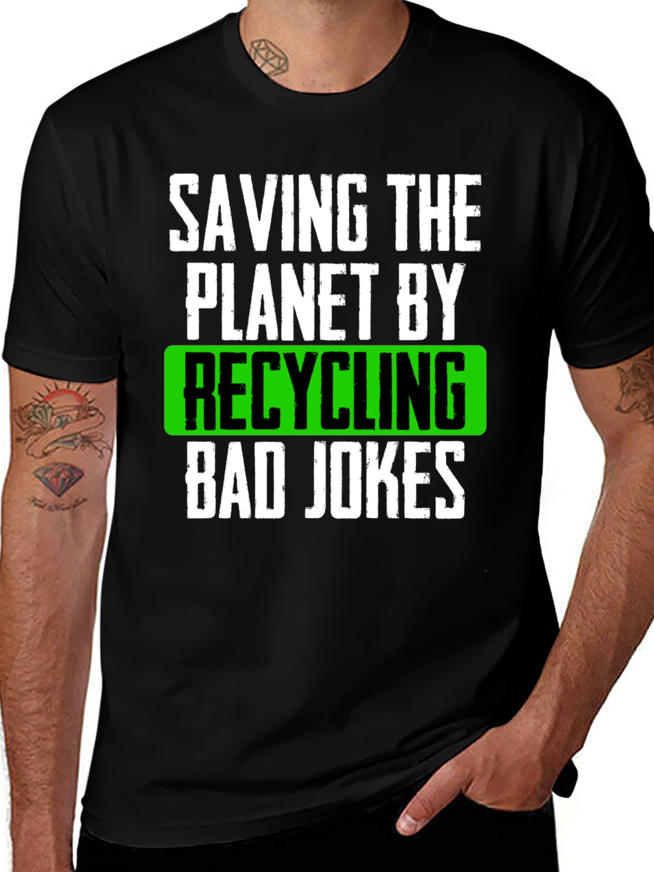 Variant 27 of Saving the Planet Recycling Bad Jokes Black T-Shirt