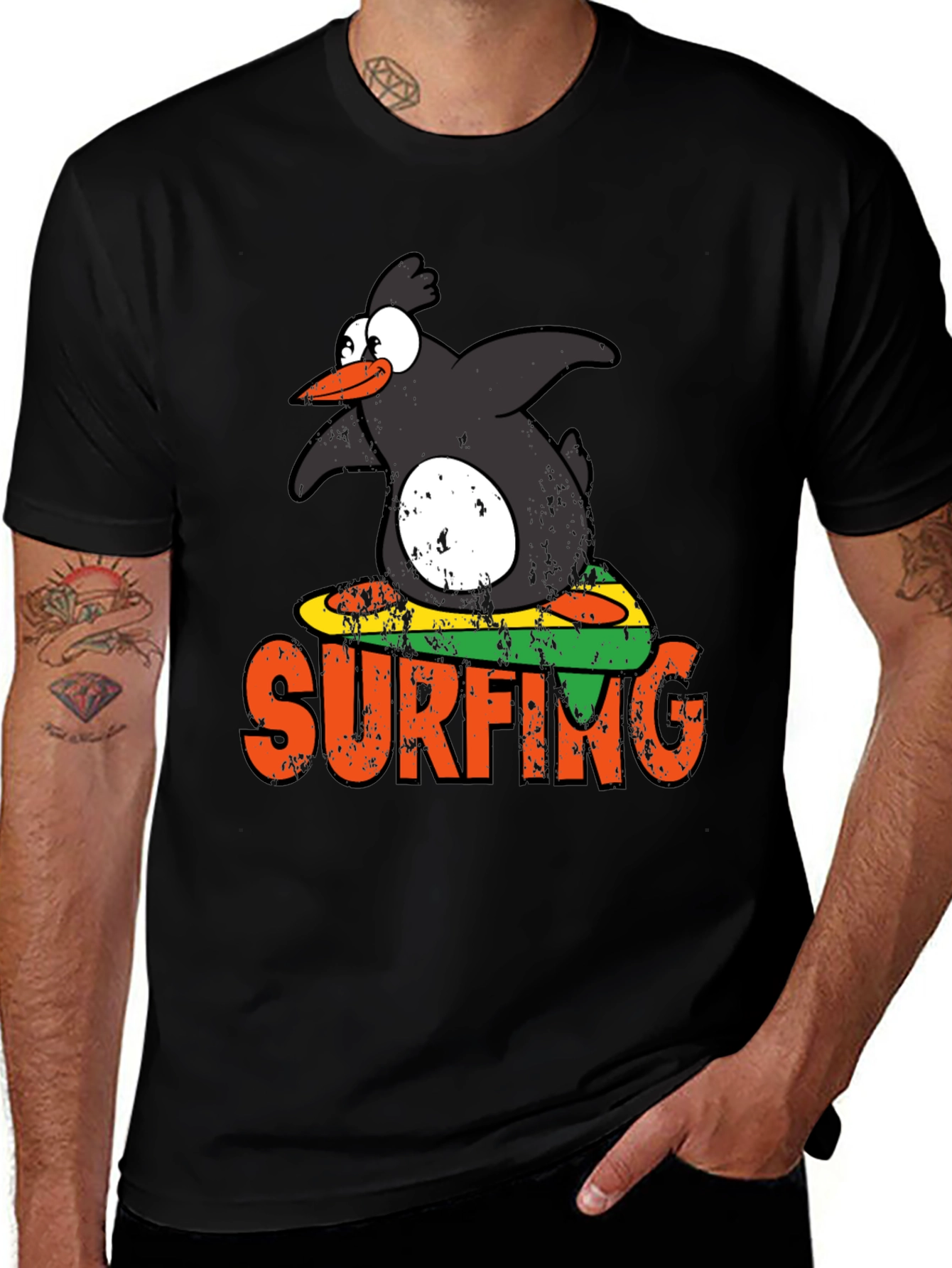Variant 30 of Surfing Penguin Graphic T-Shirt - Men's Black Tee