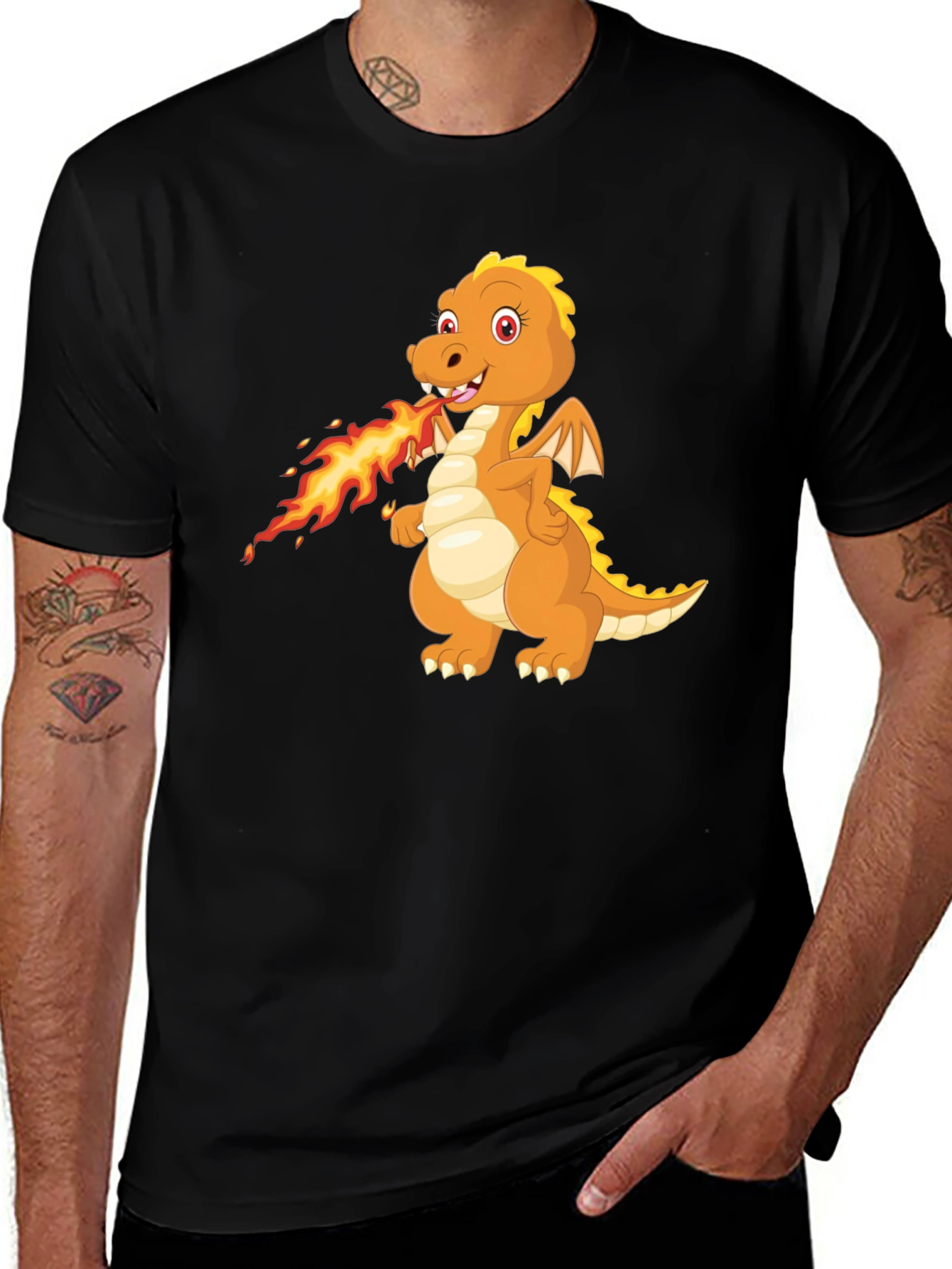 Variant 2 of Dragon Fire T-Shirt - Black, Cartoon Graphic