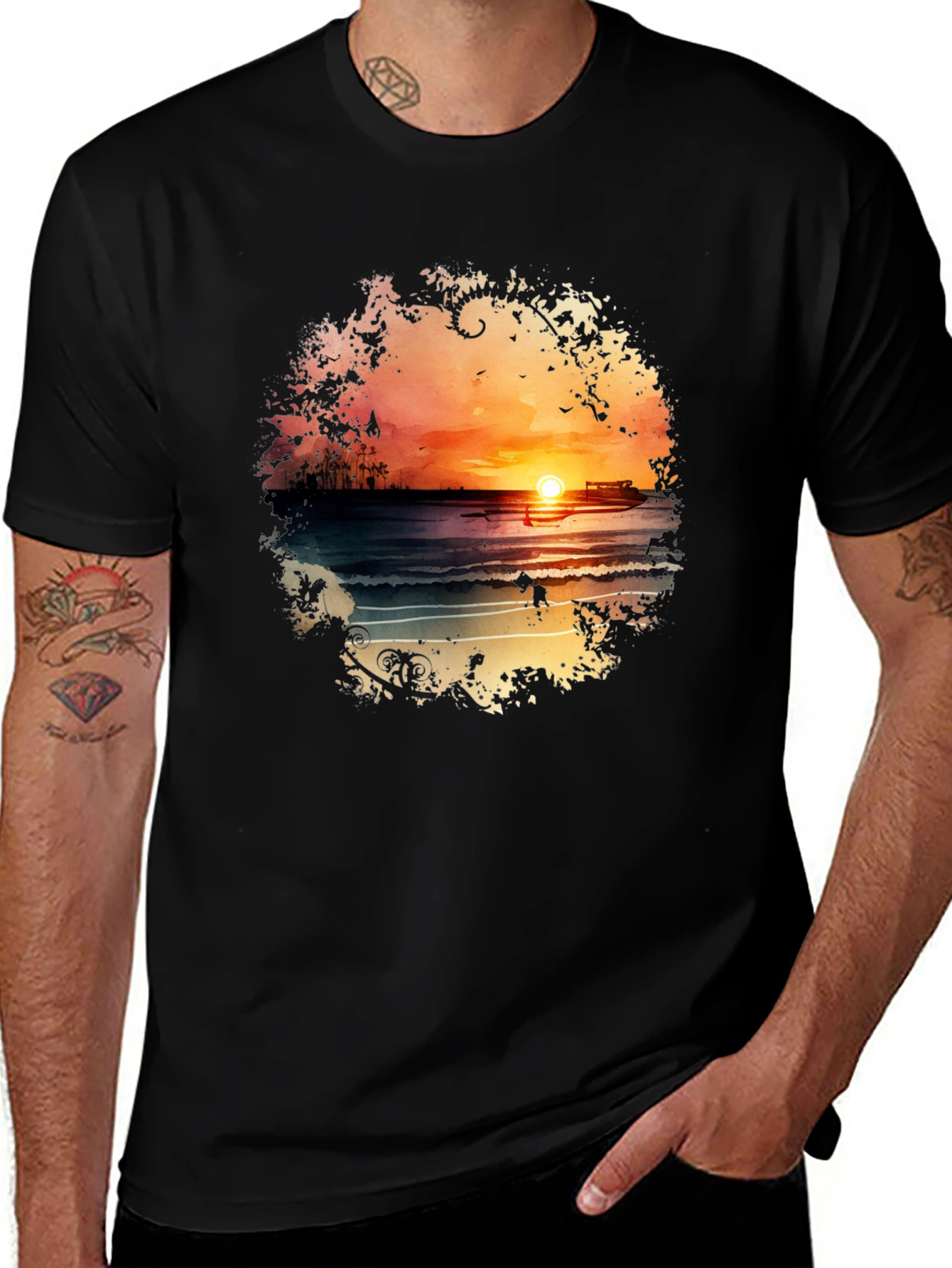 Variant 22 of Sunset Beach Graphic Tee - Black Cotton T-Shirt