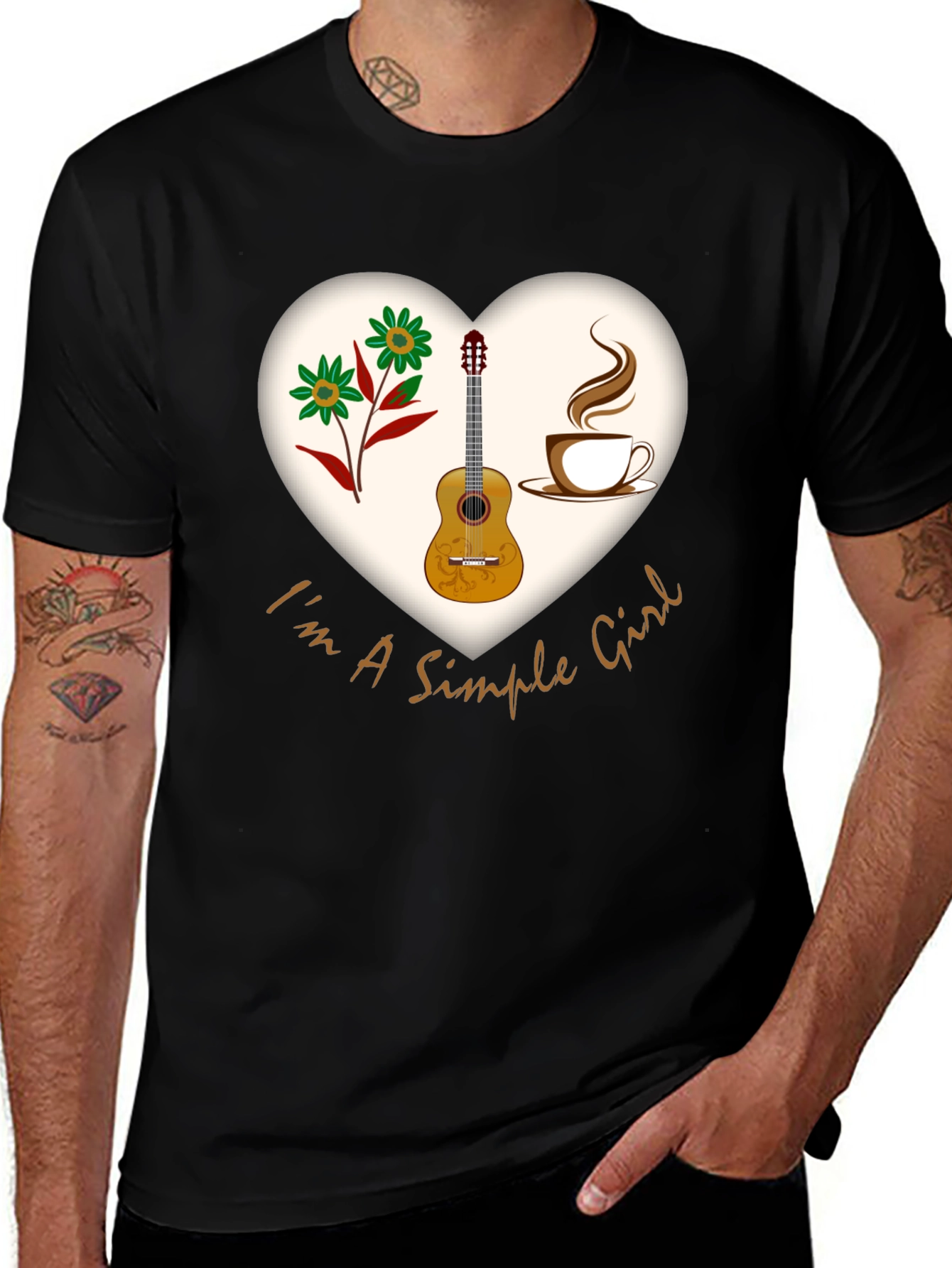 Simple Girl T-Shirt: Coffee, Guitar, & Flowers