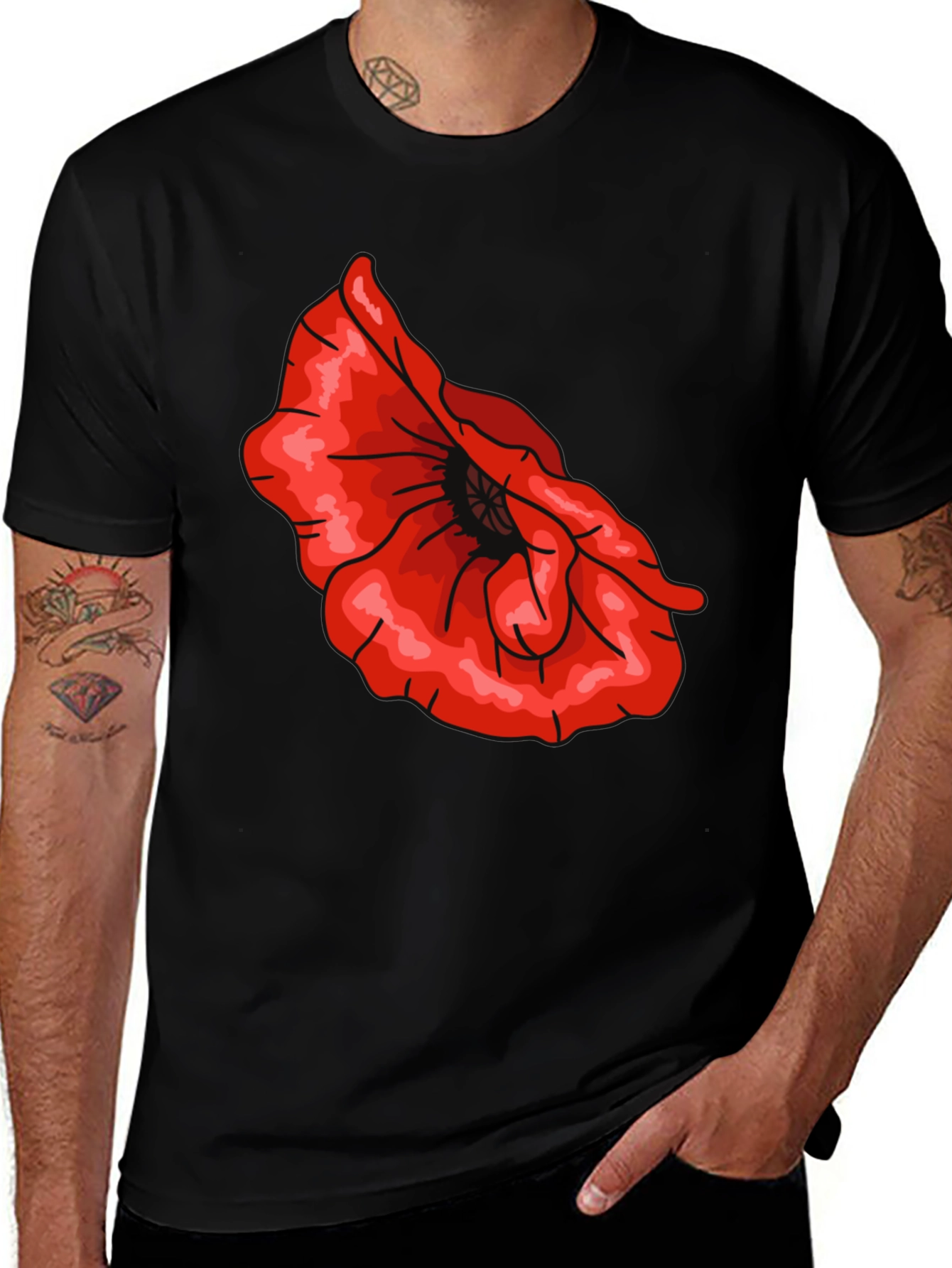 Variant 15 of Red Poppy Flower Graphic Tee - Black
