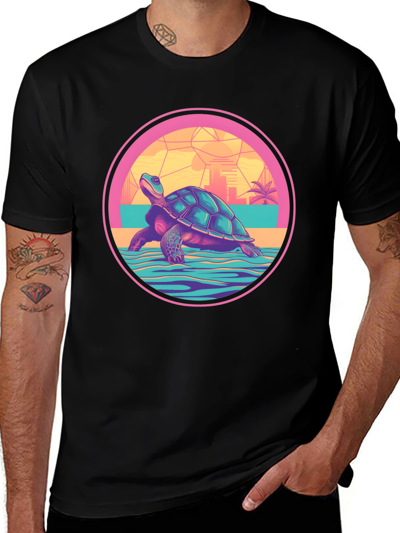 Variant 8 of Retro Turtle Graphic Tee - Black Cotton Blend