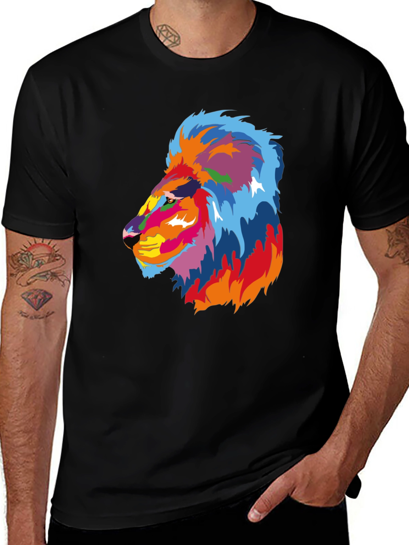 Variant 28 of Colorful Lion Graphic Tee - Men's Black T-Shirt