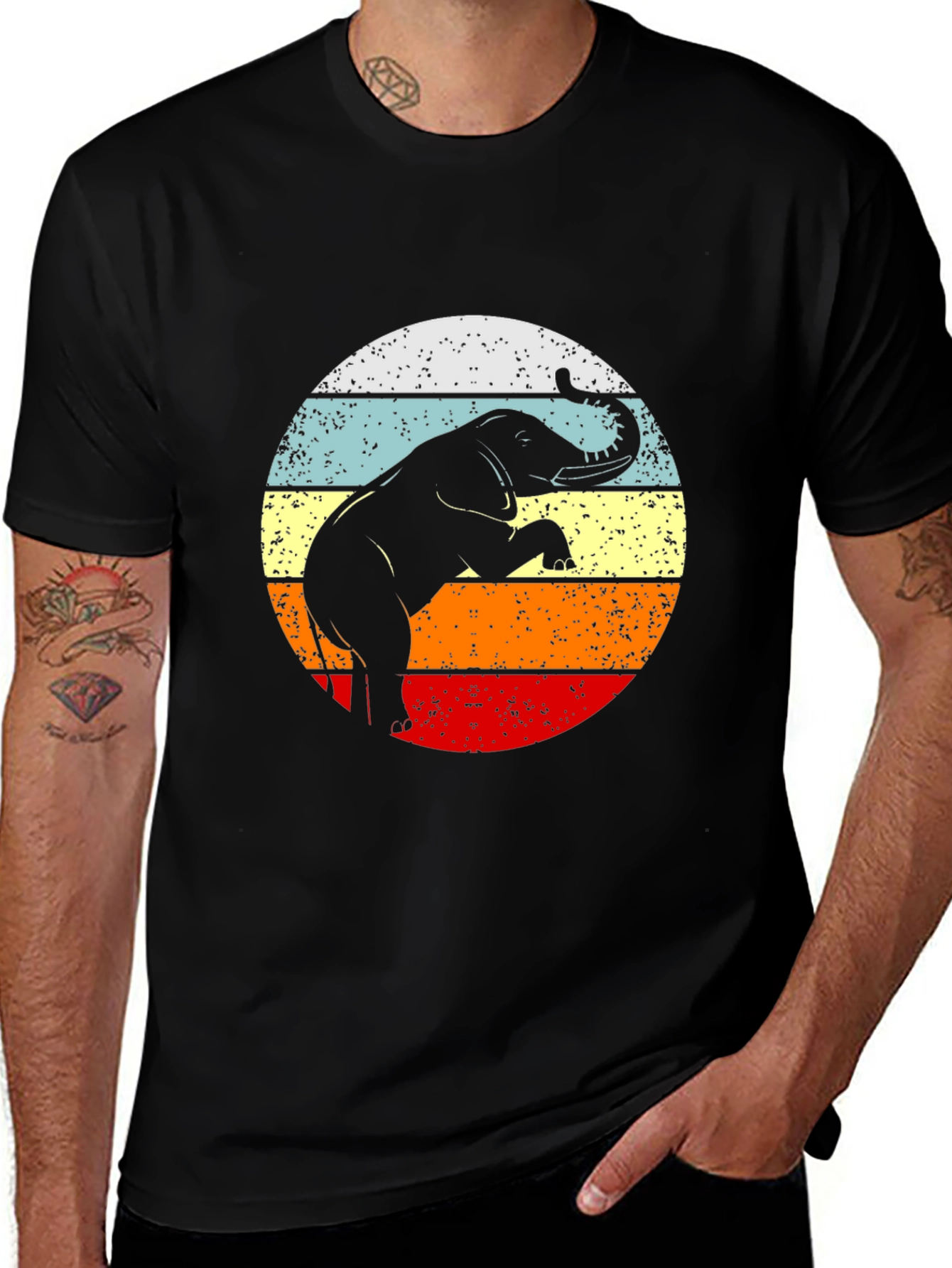 Variant 30 of Retro Elephant Sunset Graphic Tee - Black