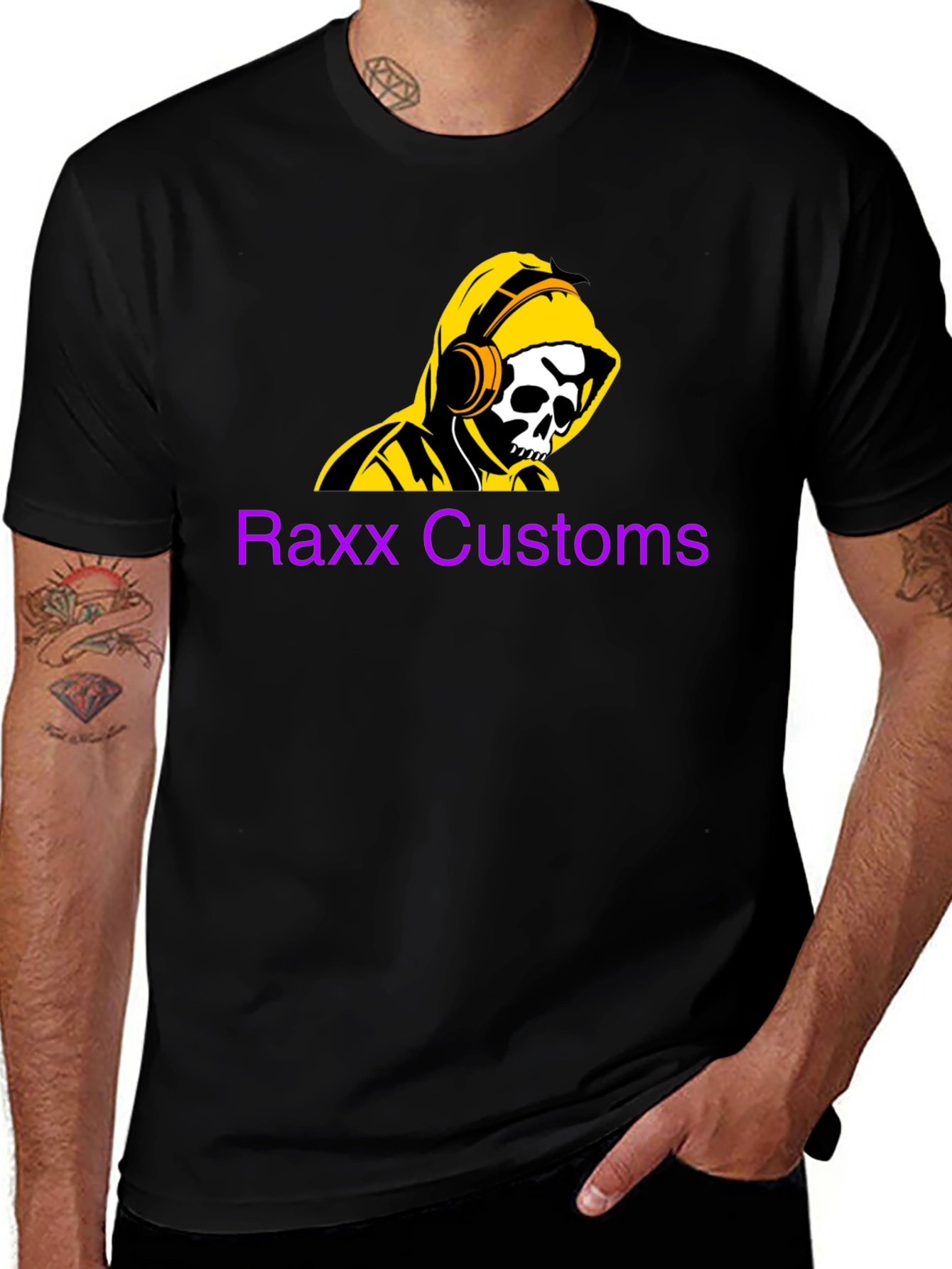 Variant 15 of Raxx Customs Black T-Shirt with Skull Graphic