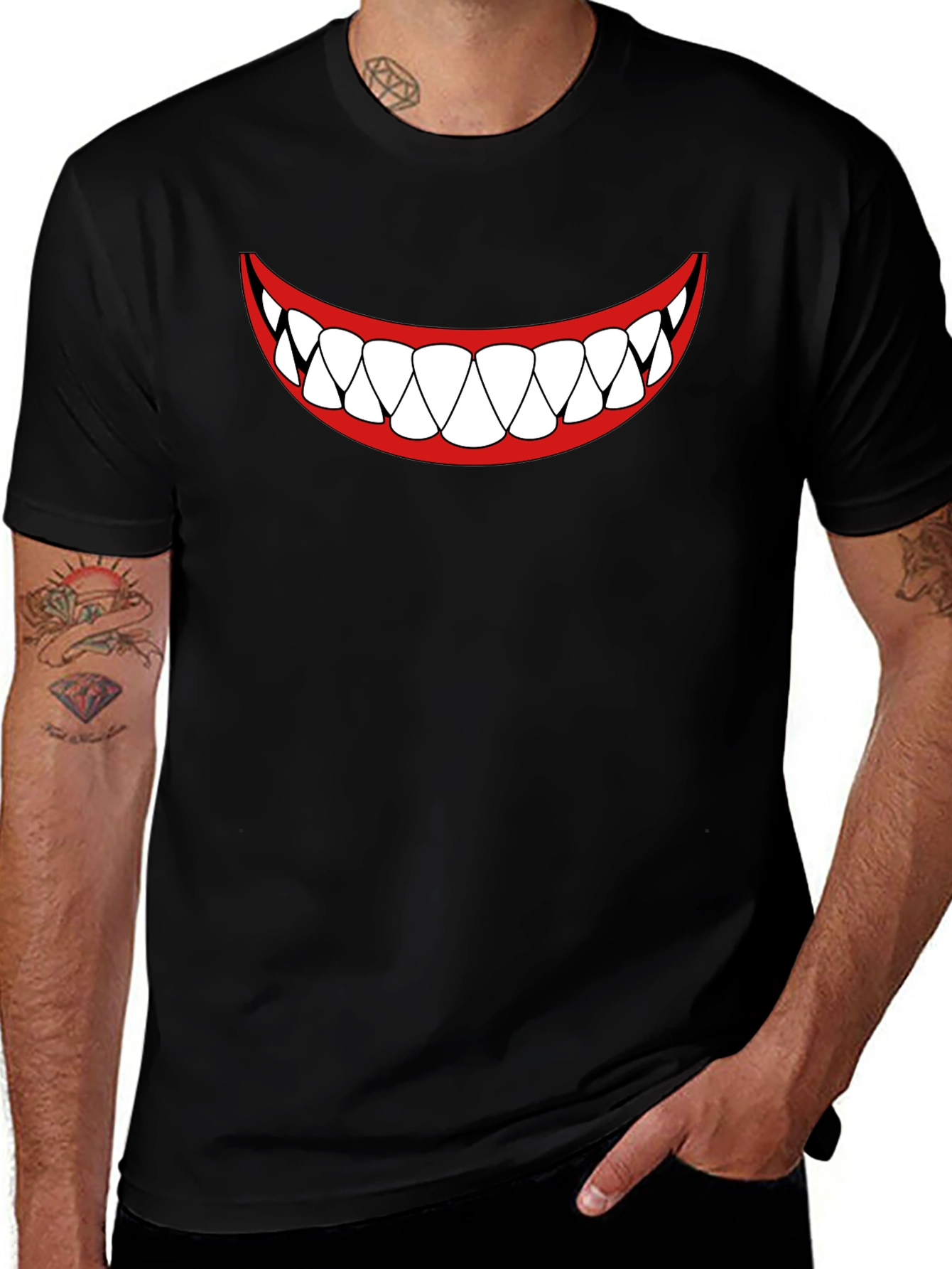 Variant 11 of Men's Black T-Shirt - Cartoon Teeth Smile Design