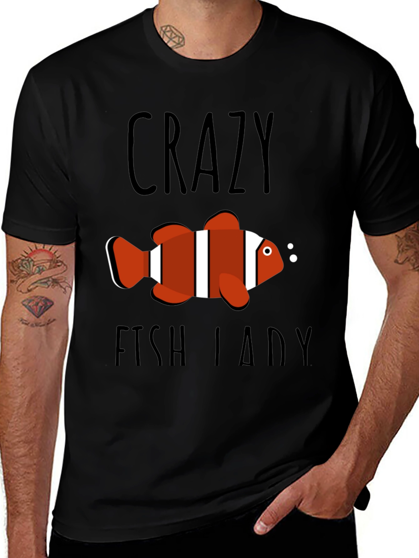 Variant 6 of Crazy Fish Lady Graphic Tee - Black Cotton T-Shirt