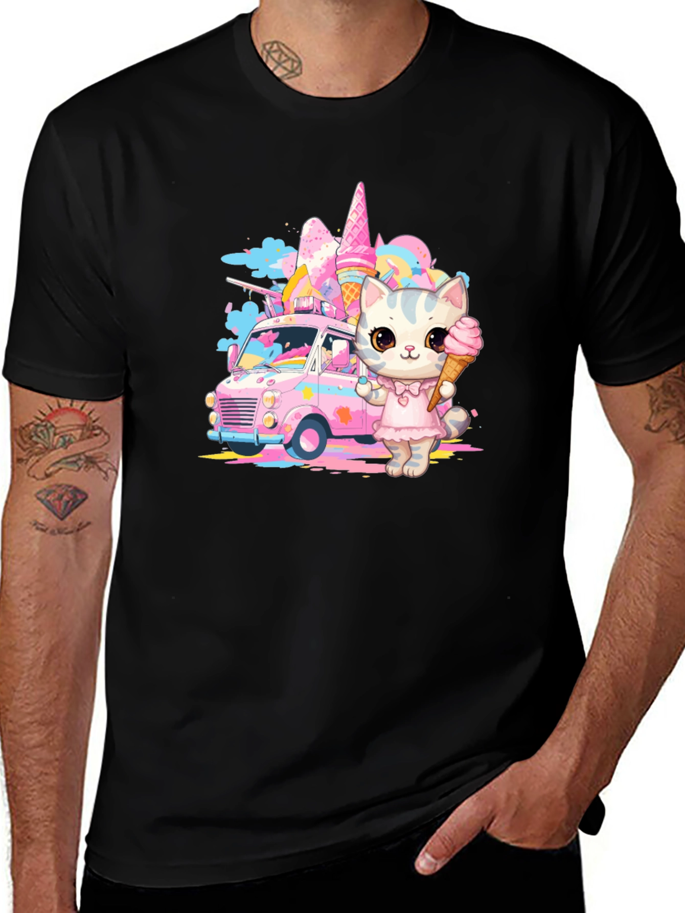Black Cute Cat Ice Cream Truck Graphic T-Shirt main image