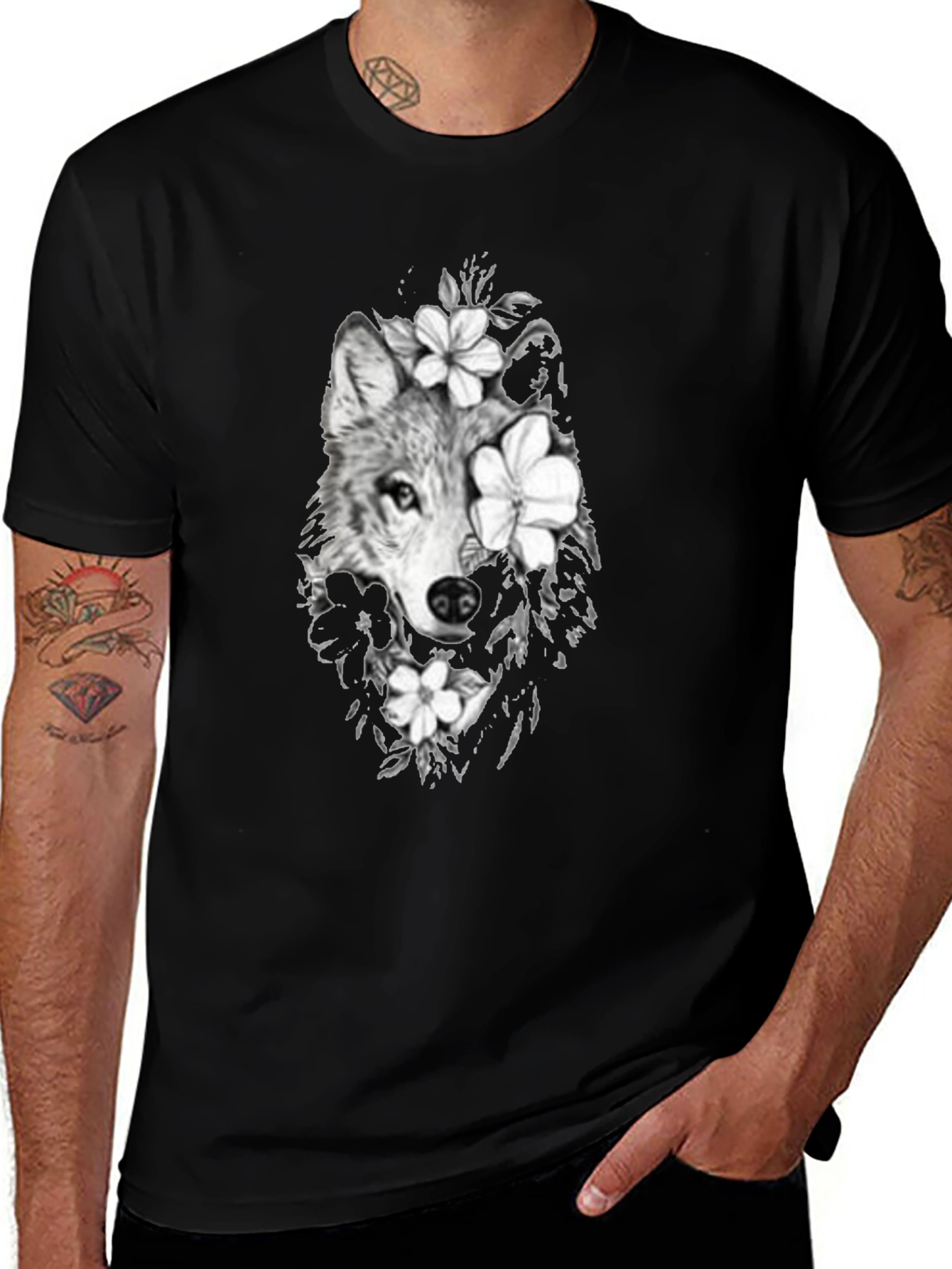 Variant 12 of Wolf & Floral Graphic Print Men's Black Tee