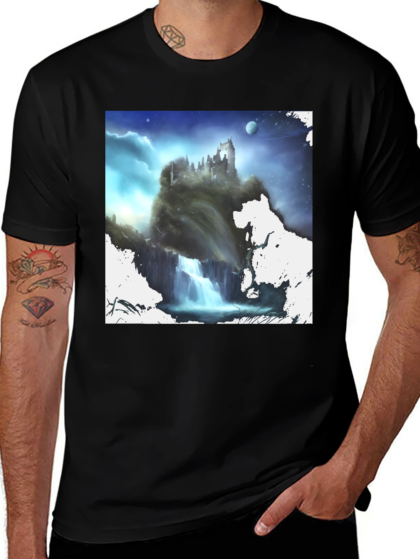 Variant 6 of Fantasy Castle Waterfall Graphic Black T-Shirt