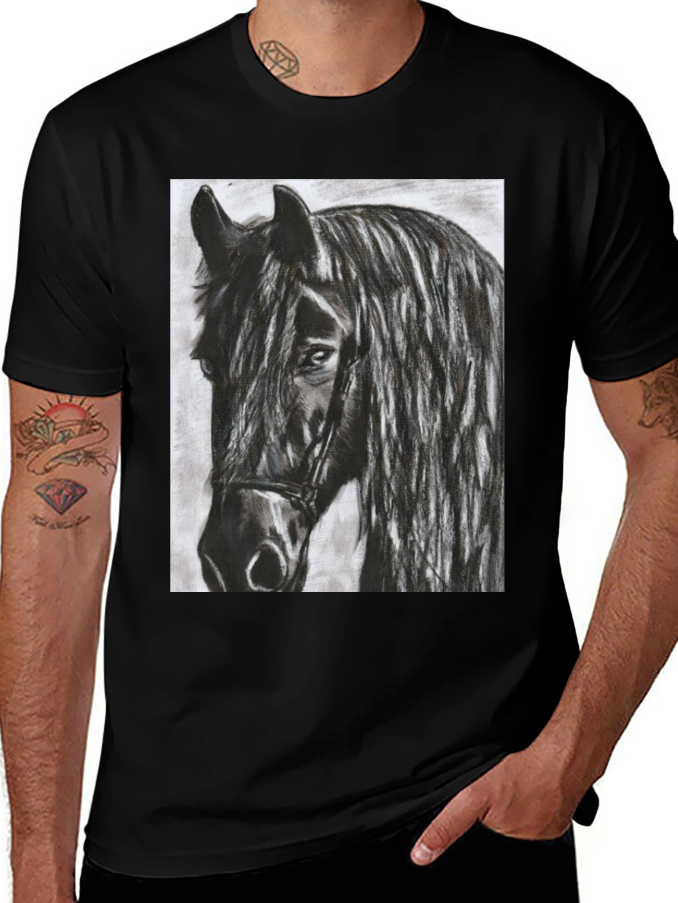 Variant 8 of Black Horse Graphic Tee - Equestrian Art Shirt