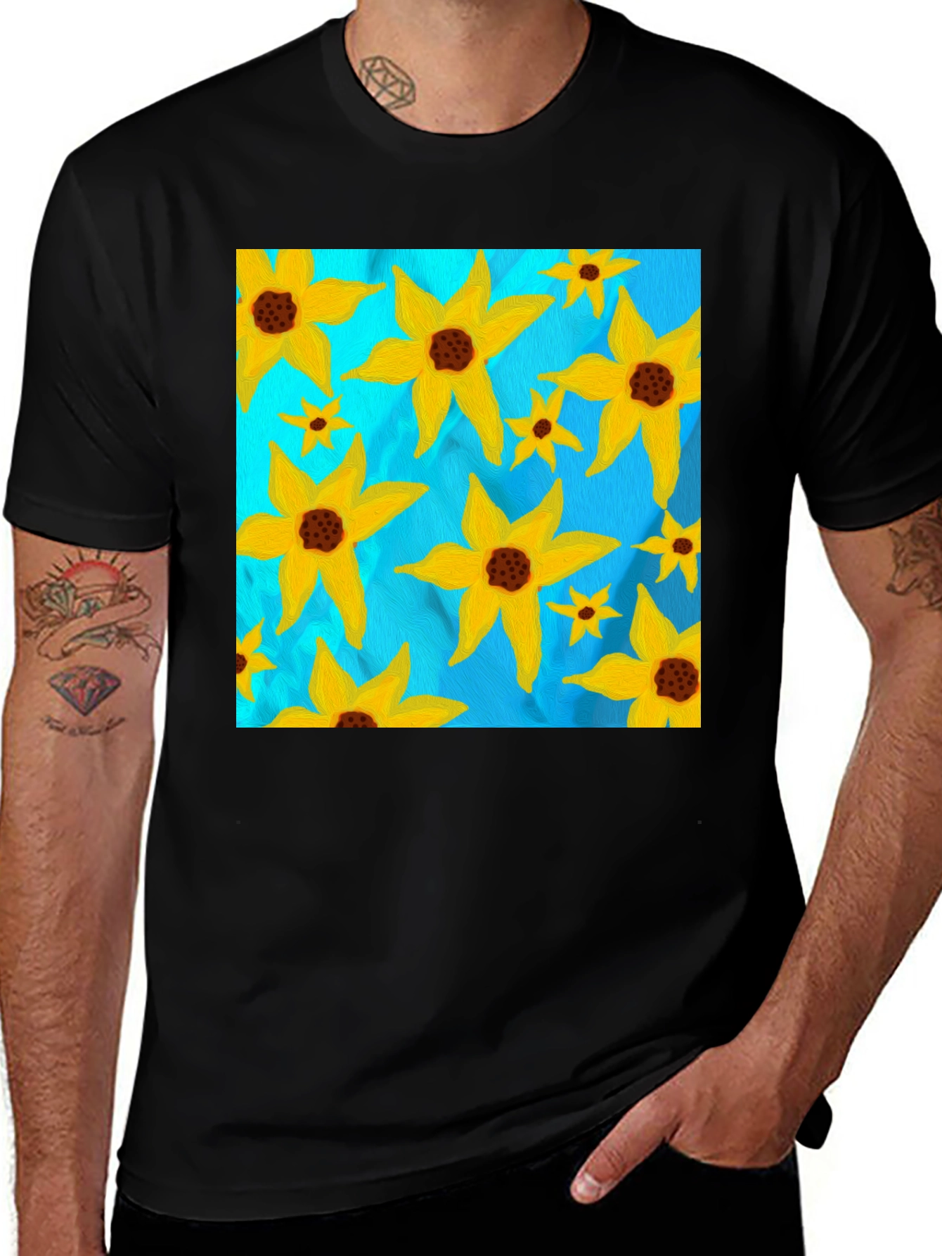 Floral Sun Graphic Tee - Black Casual T-Shirt