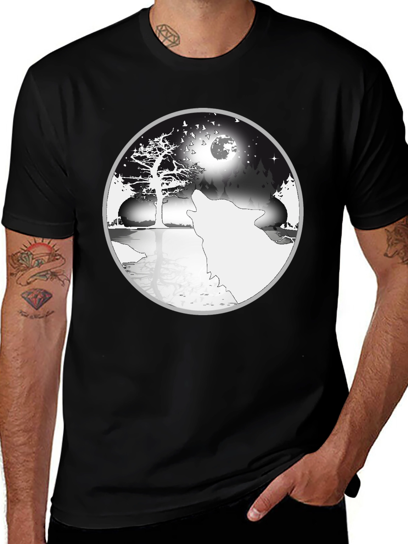 Variant 22 of Wolf & Moon Yin Yang Graphic Tee - Black