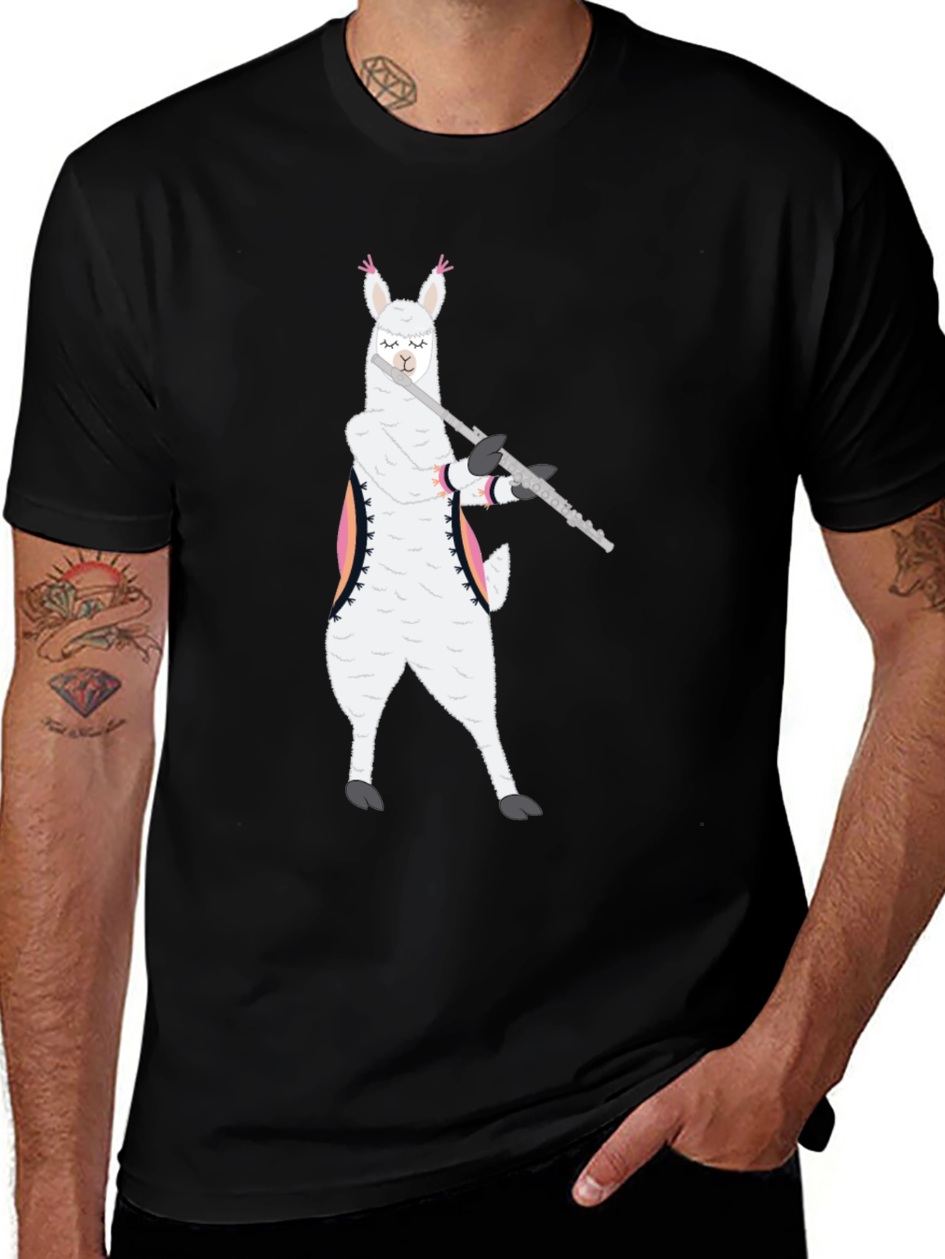Variant 4 of Llama Flute Player Black T-Shirt