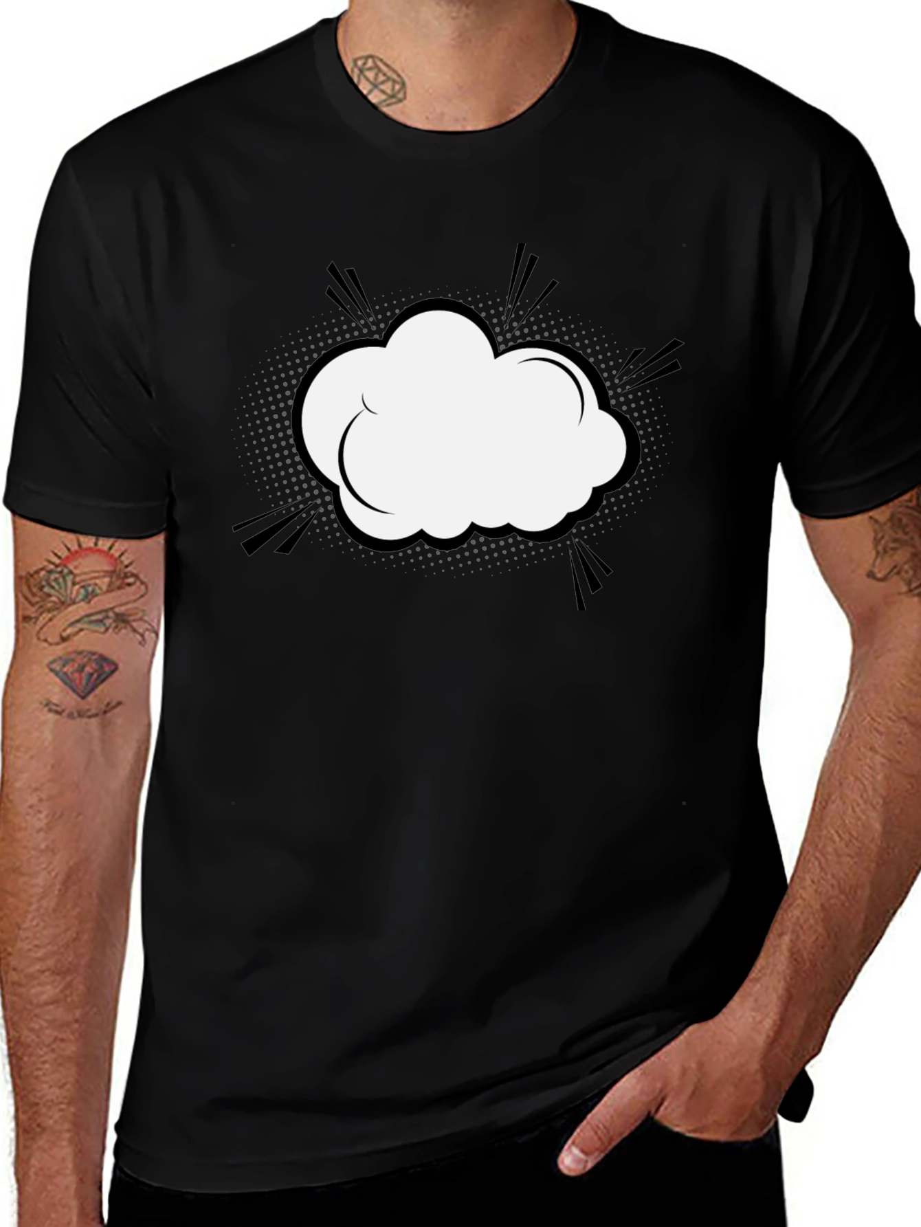 Variant 27 of Men's Black T-Shirt with Comic Cloud Graphic