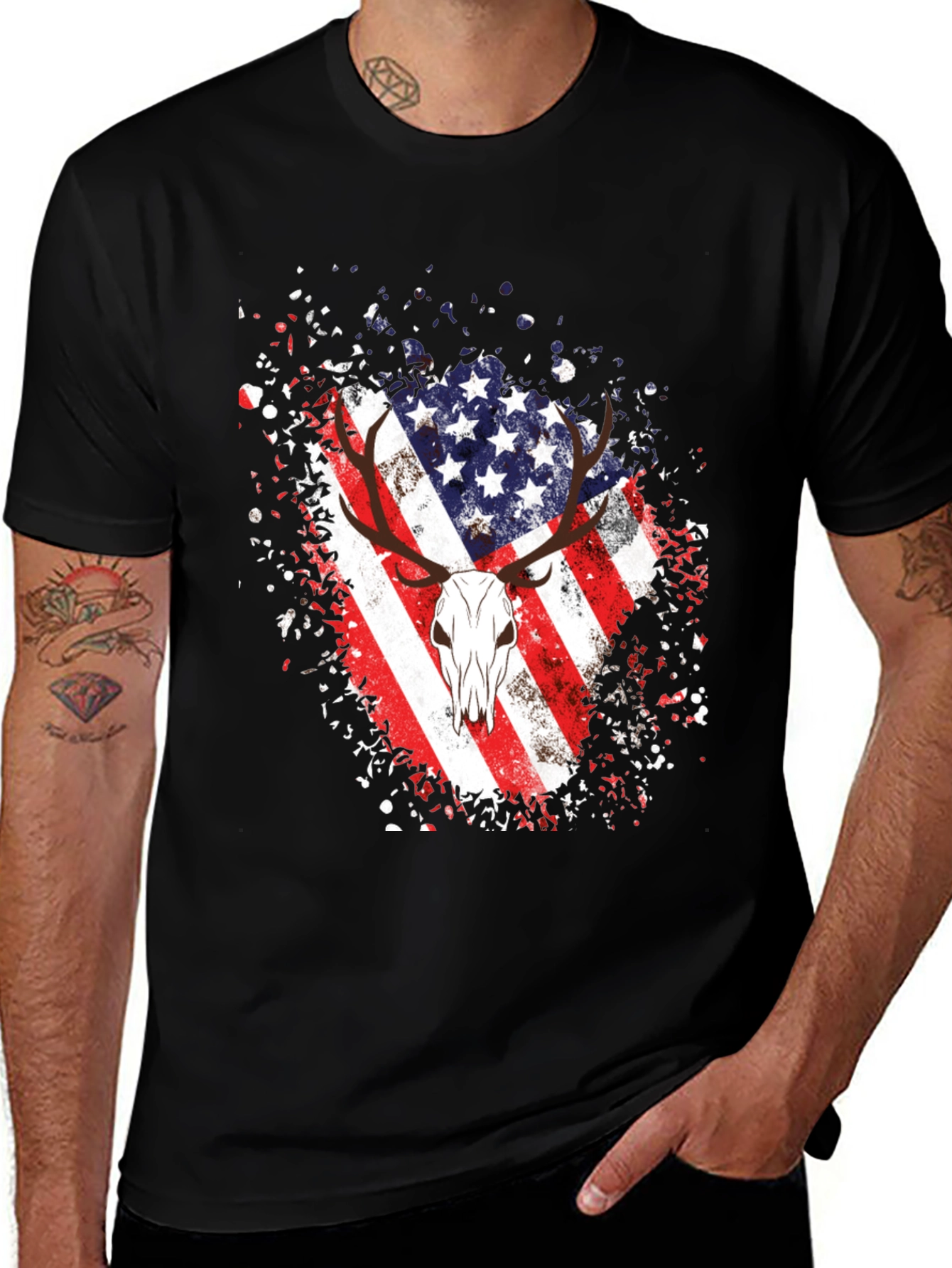 Variant 18 of American Flag Deer Skull Graphic Tee - Black
