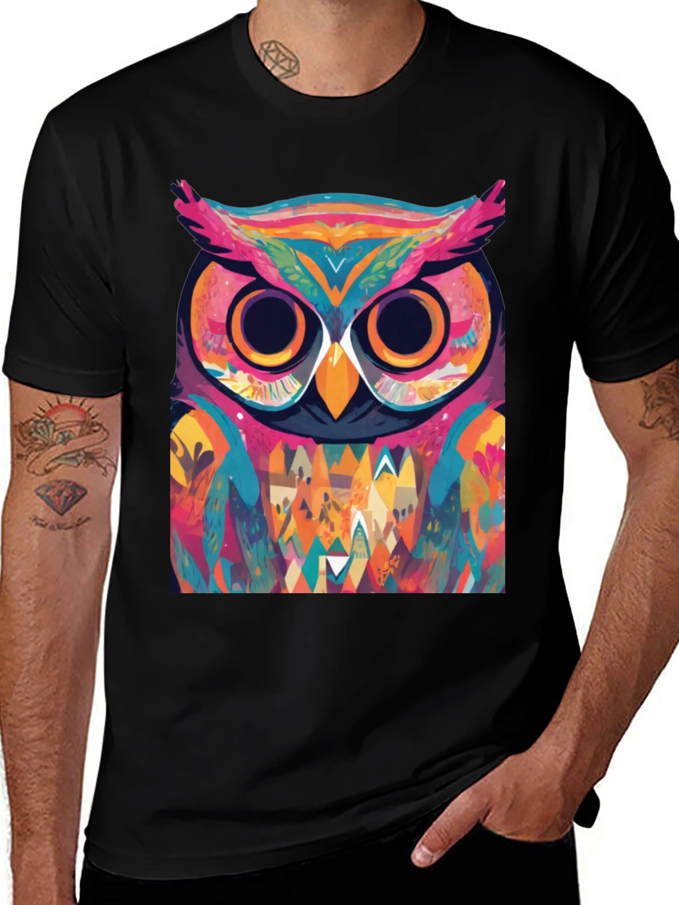 Black Abstract Owl Graphic Tee - Cool Colorful Design main image