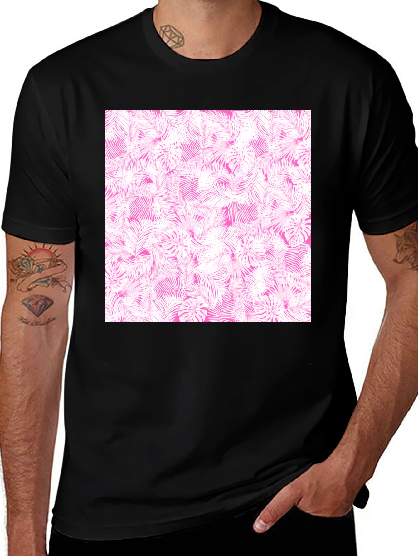 Variant 25 of Tropical Pink Leaf Pattern Black T-Shirt