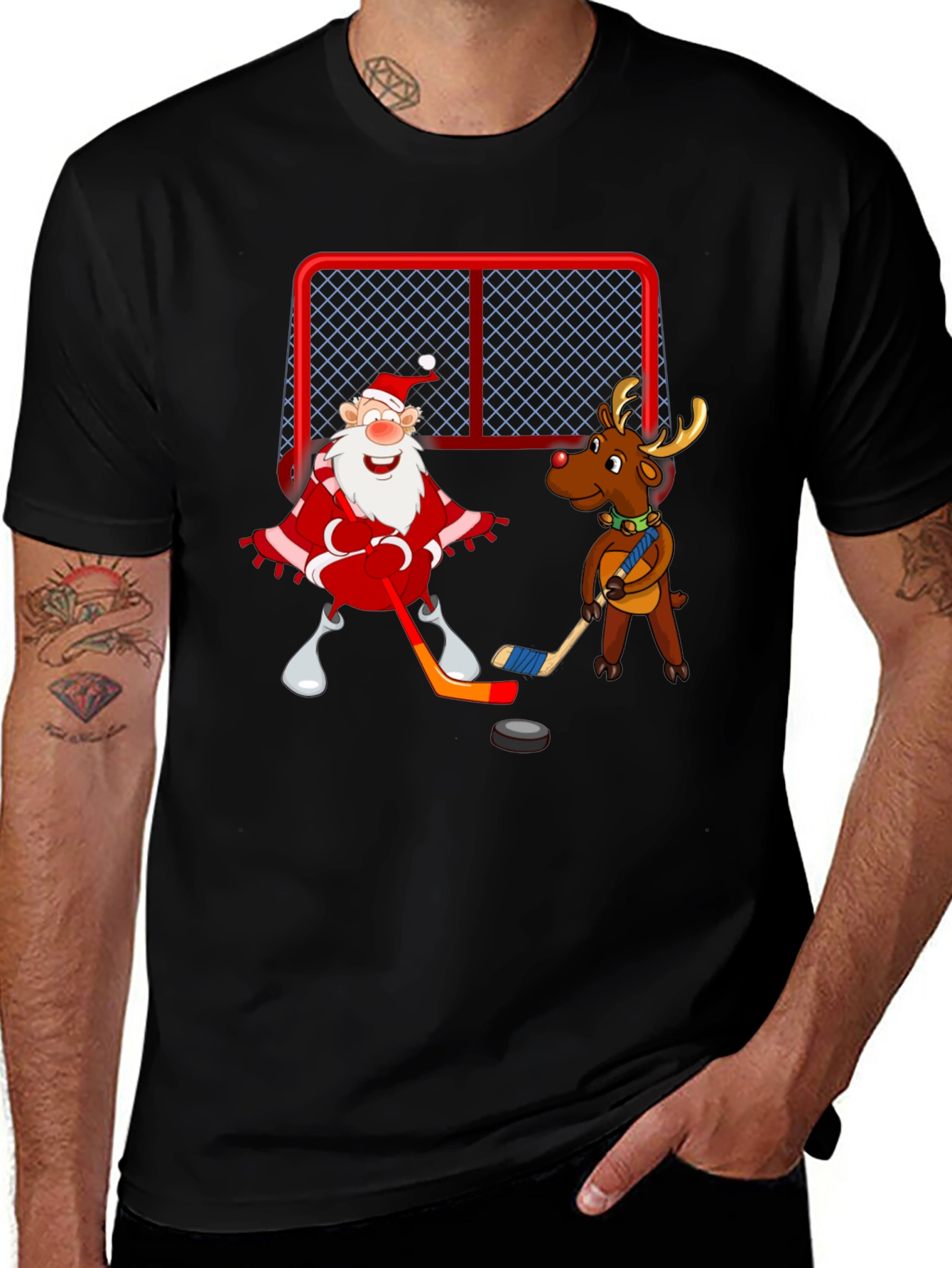 Santa & Reindeer Hockey Christmas T-Shirt