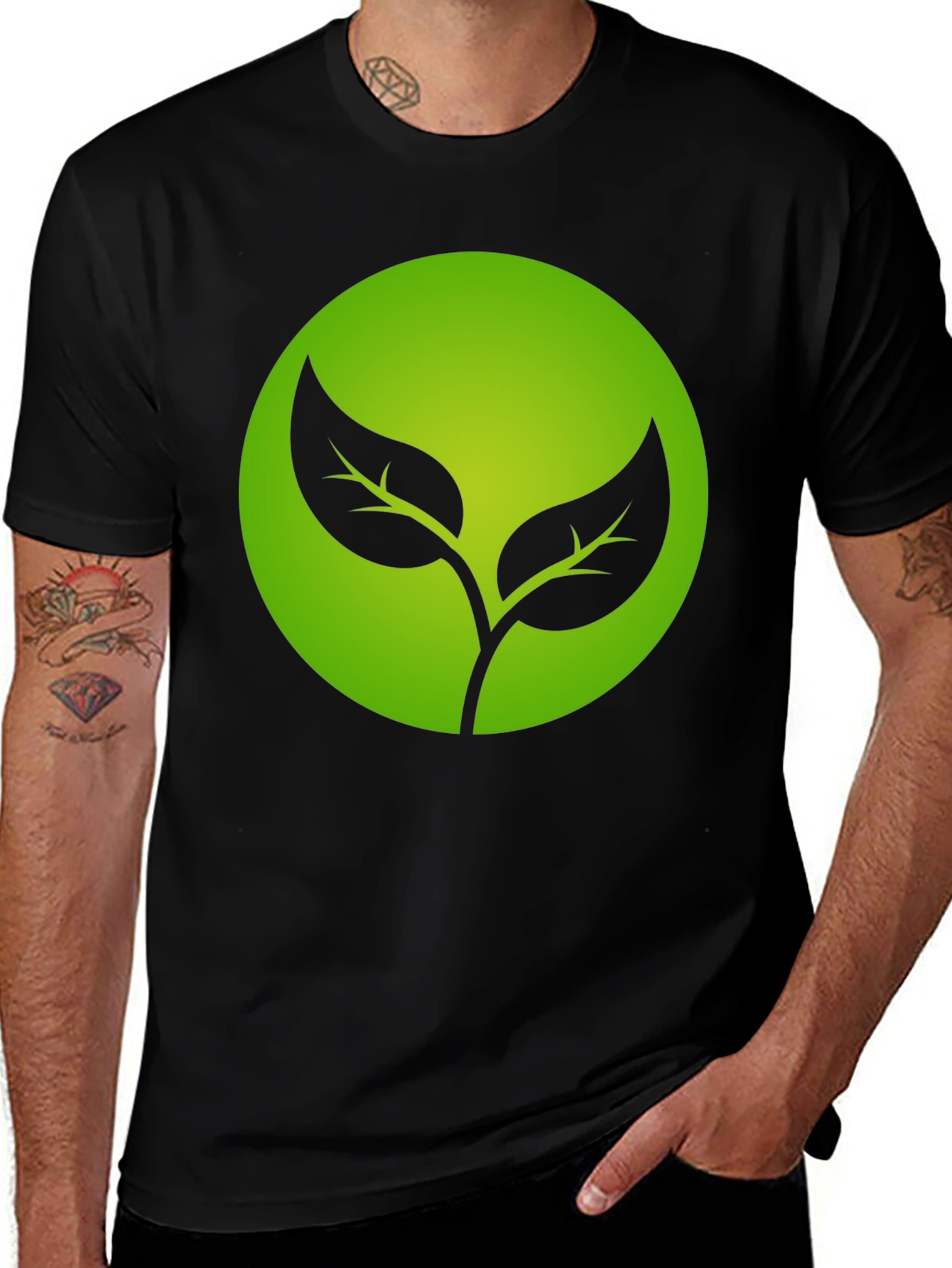 Variant 22 of Eco-Friendly Black T-Shirt with Green Leaf Design
