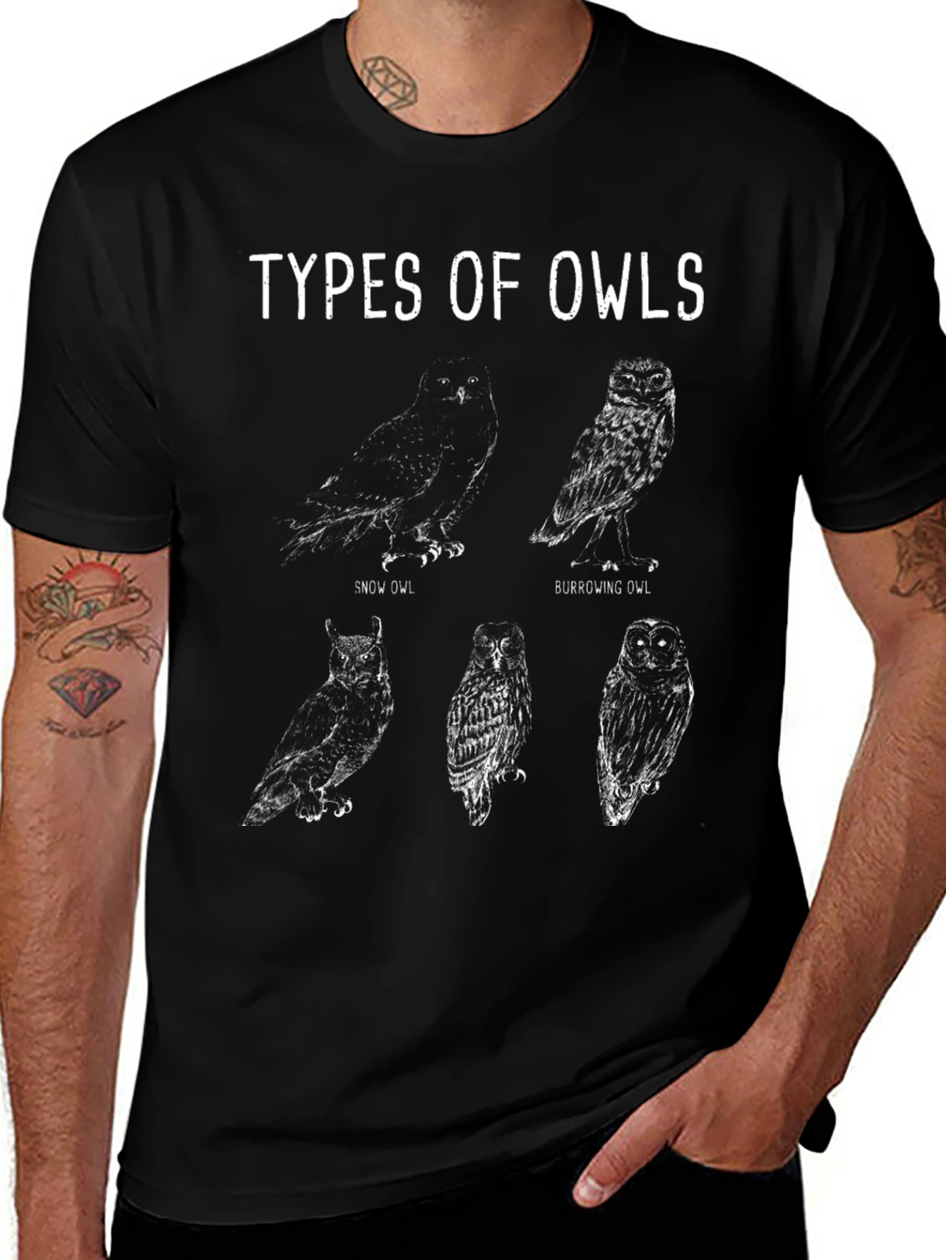Variant 7 of Types of Owls Graphic Tee - Men's Black T-Shirt