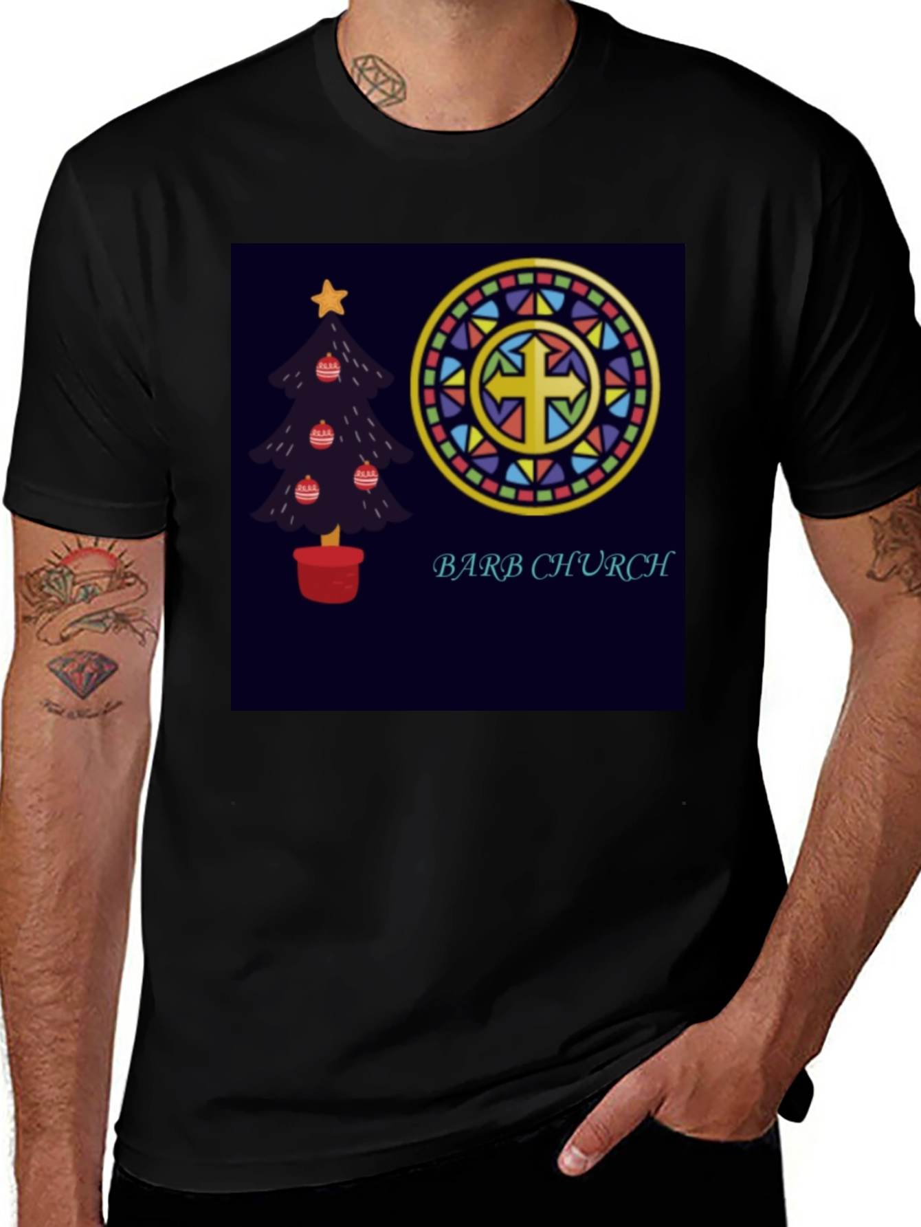 Barb Church Christmas Tree Stained Glass T-Shirt