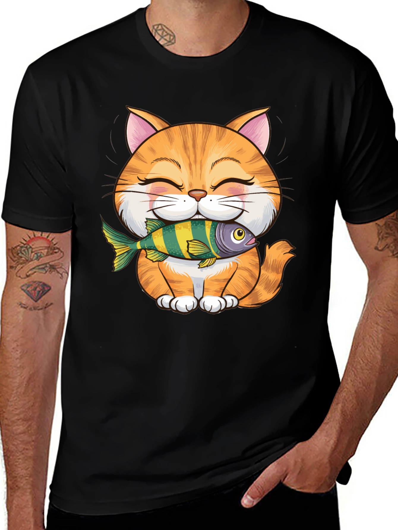 Variant 9 of Cute Cat with Fish Graphic T-Shirt