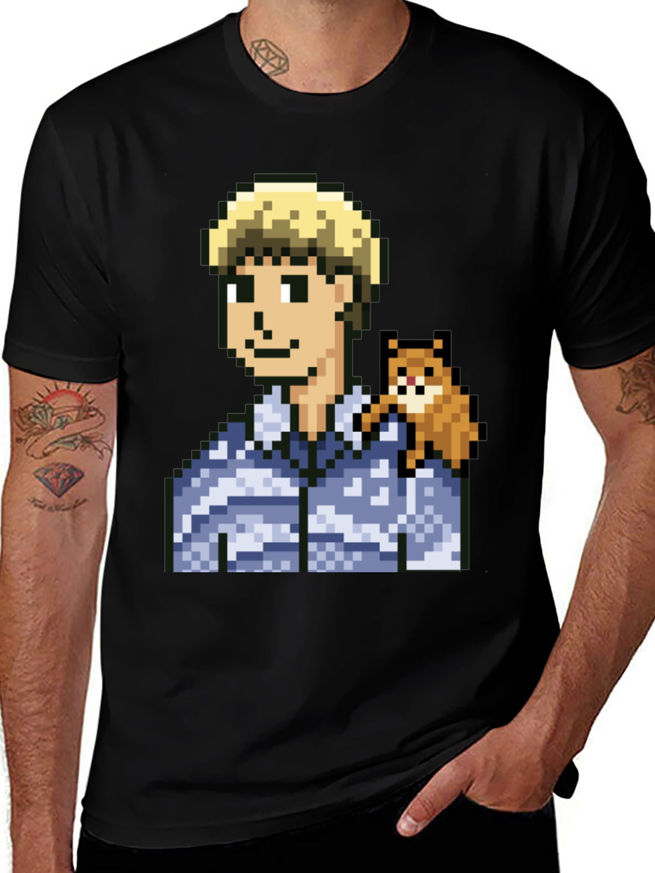 Variant 26 of Pixel Art Boy and Fox Black T-Shirt
